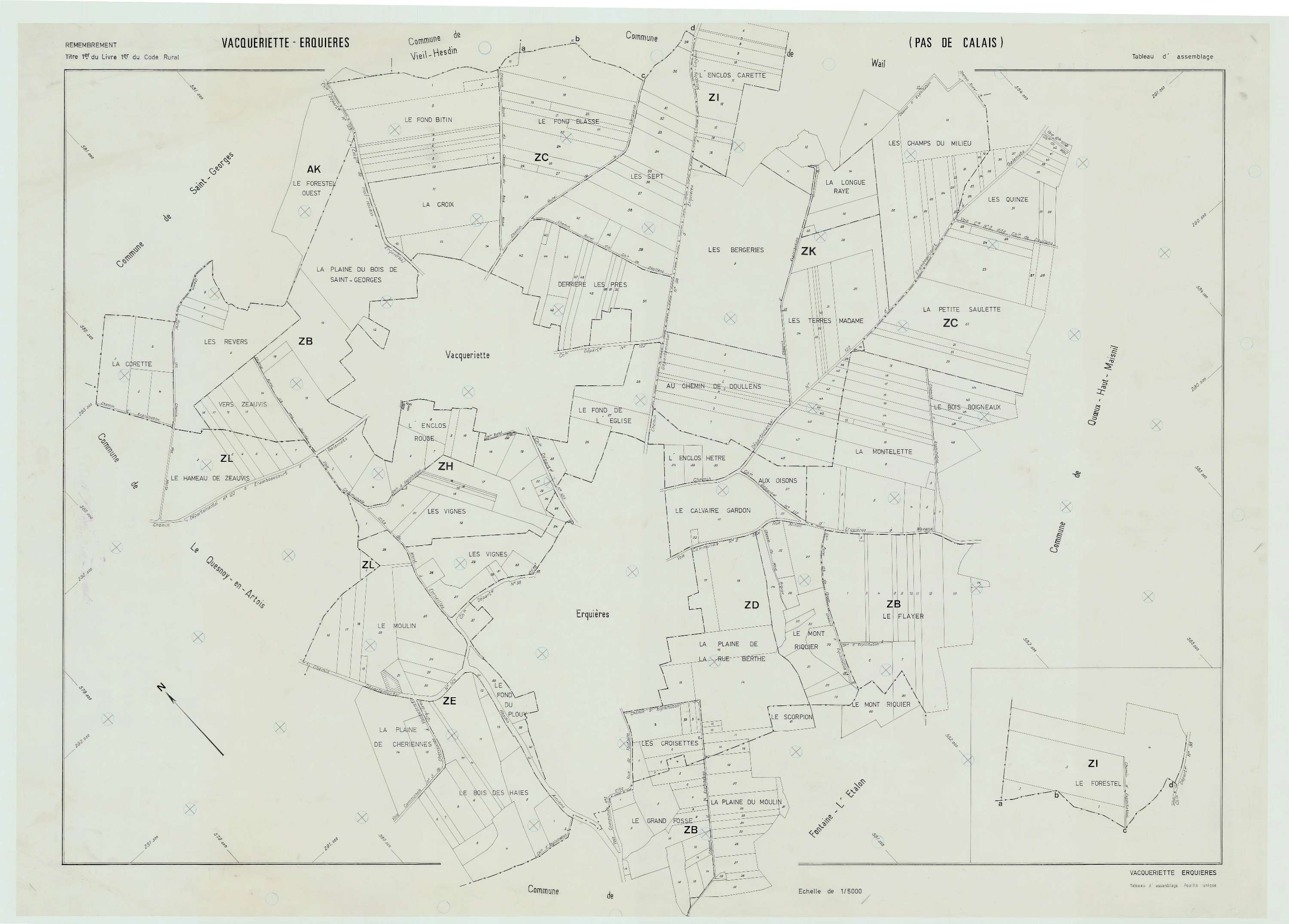 Vacqueriette-Erquières - Plan cadastral : tableau d'assemblage postérieur au remembrement.