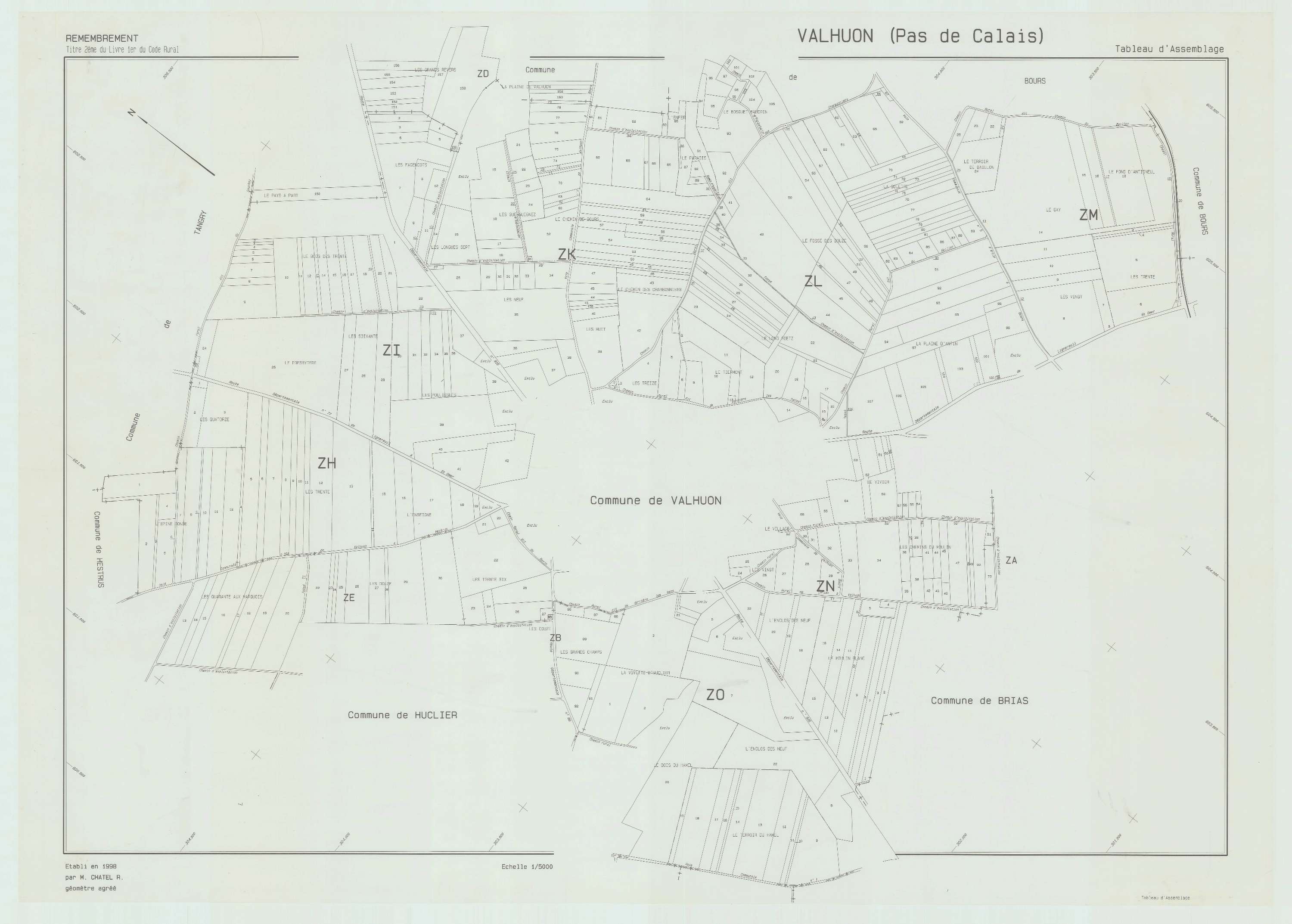 Valhuon - Plan cadastral : tableau d'assemblage postérieur au remembrement.