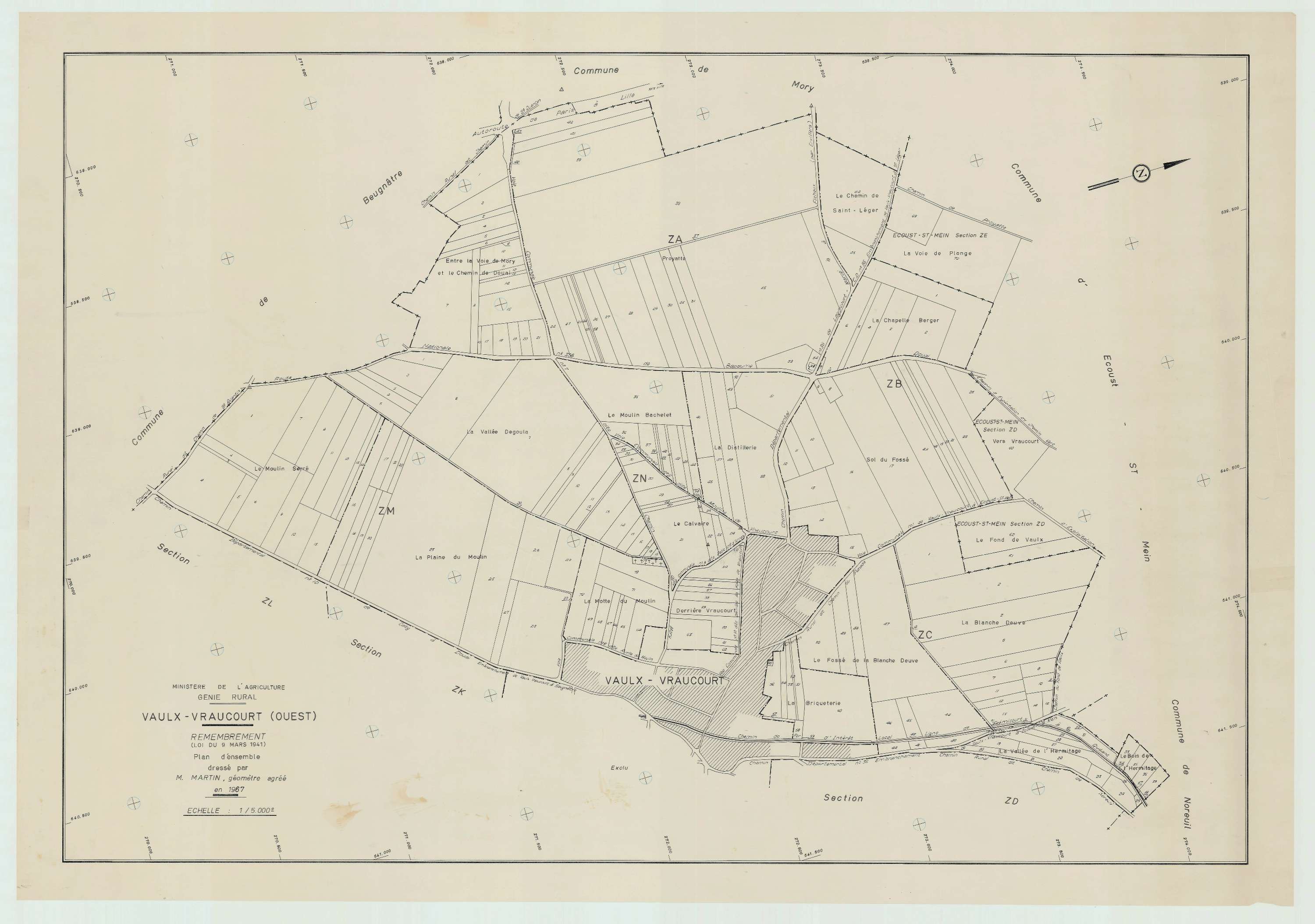 Vaulx - Plan cadastral : tableau d'assemblage postérieur au remembrement.