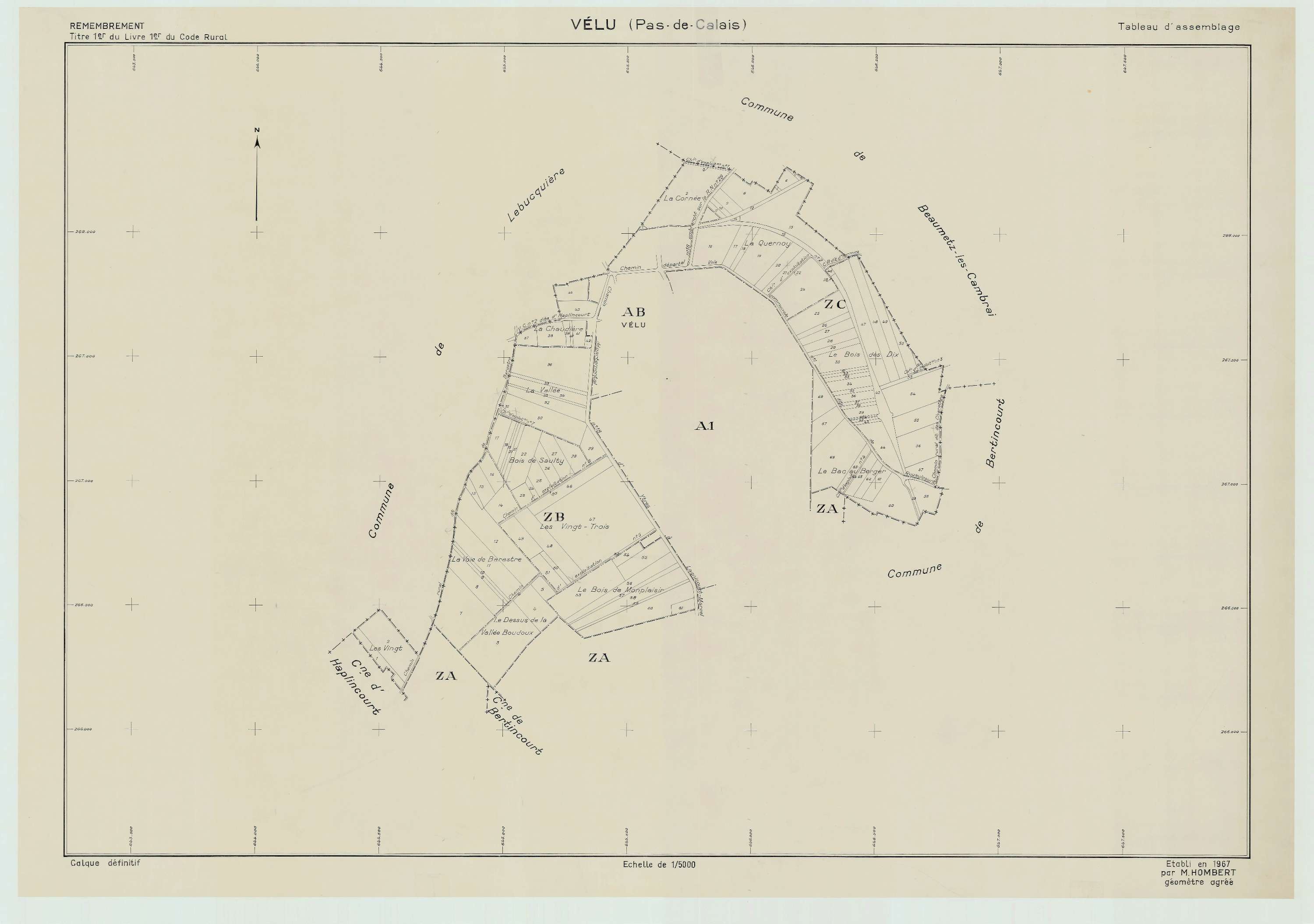 Vélu - Plan cadastral : tableau d'assemblage postérieur au remembrement.