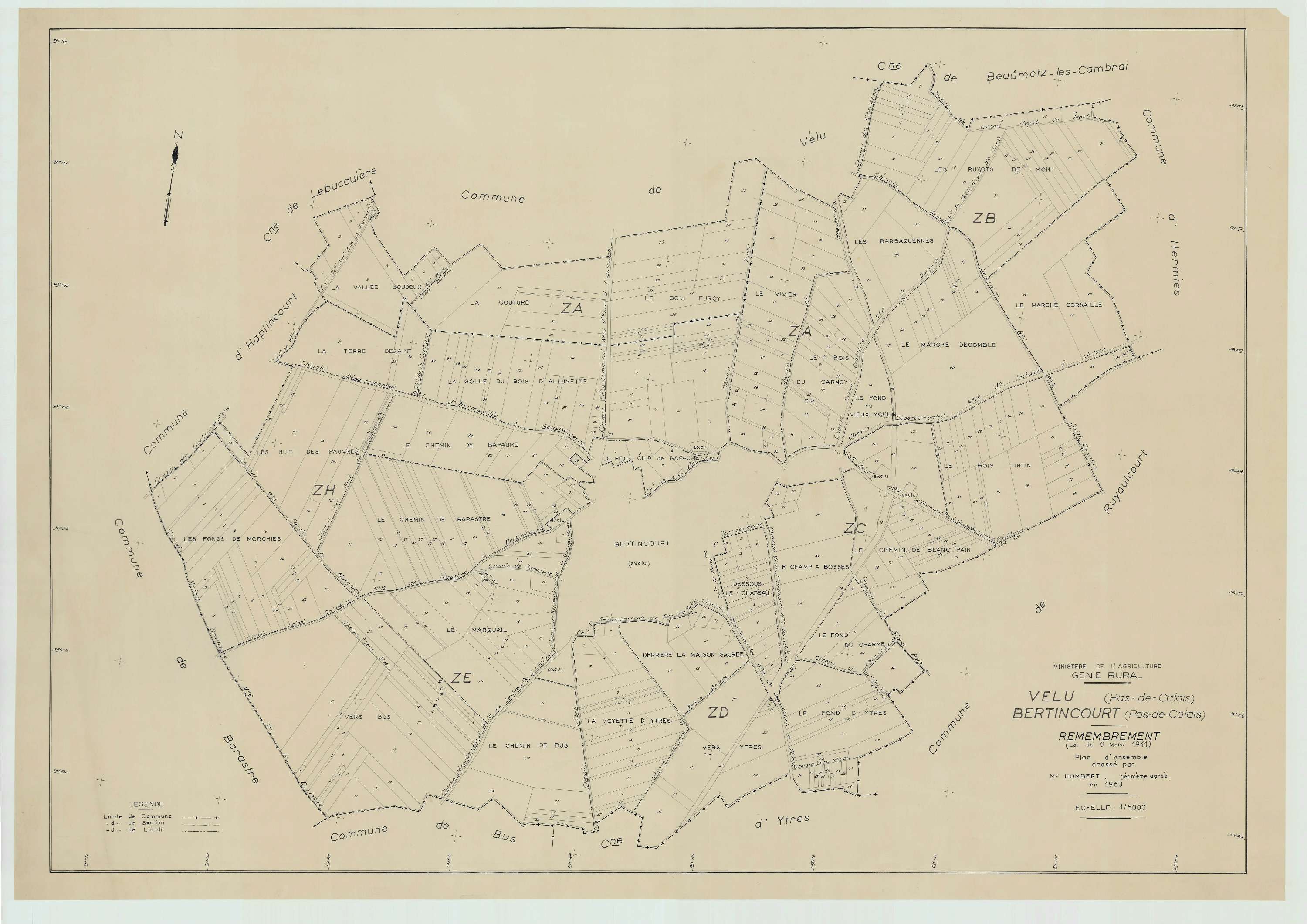 Vélu - Plan cadastral : tableau d'assemblage postérieur au remembrement.