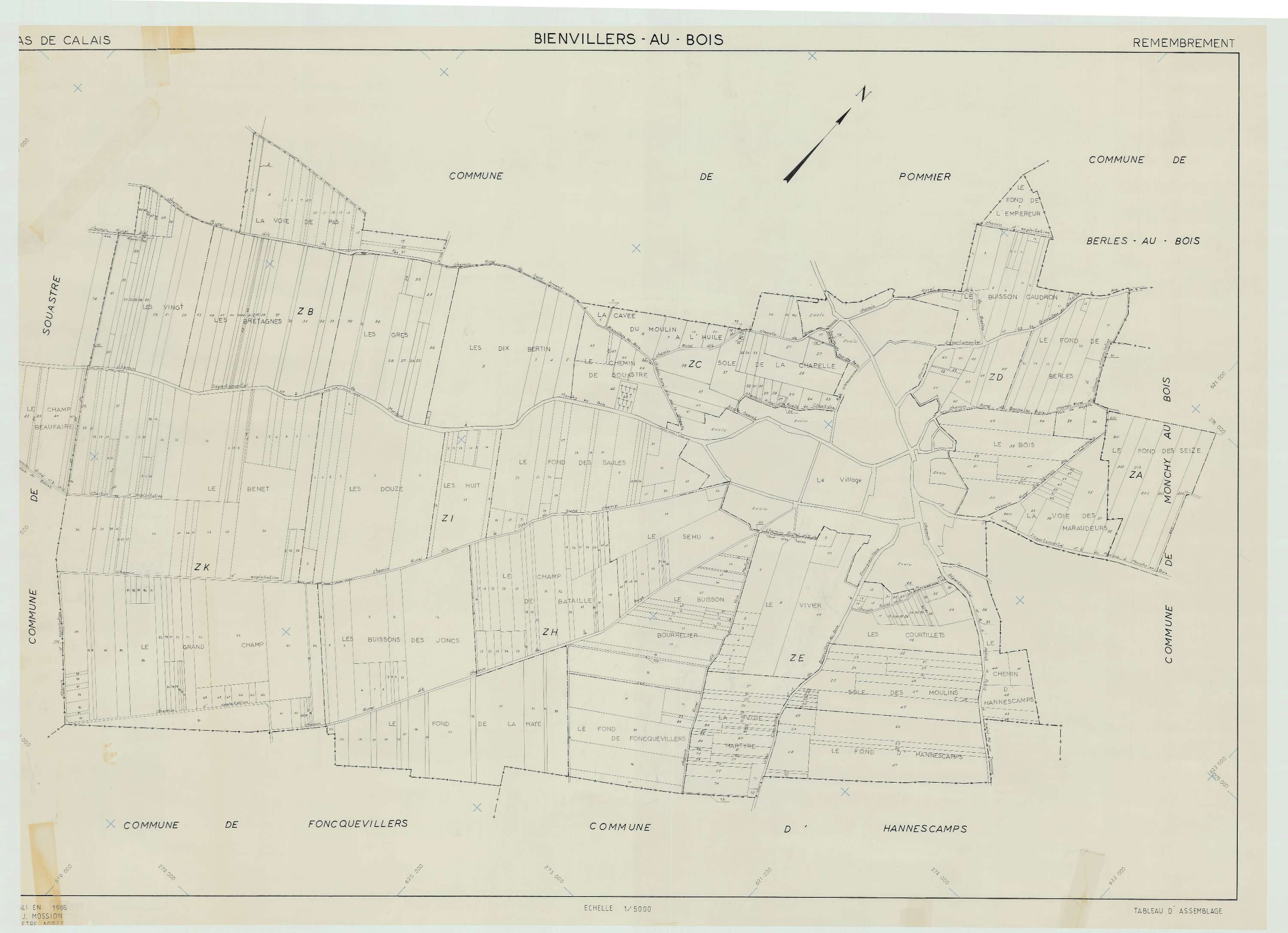 Villers-au-Bois - Plan cadastral : tableau d'assemblage postérieur au remembrement.
