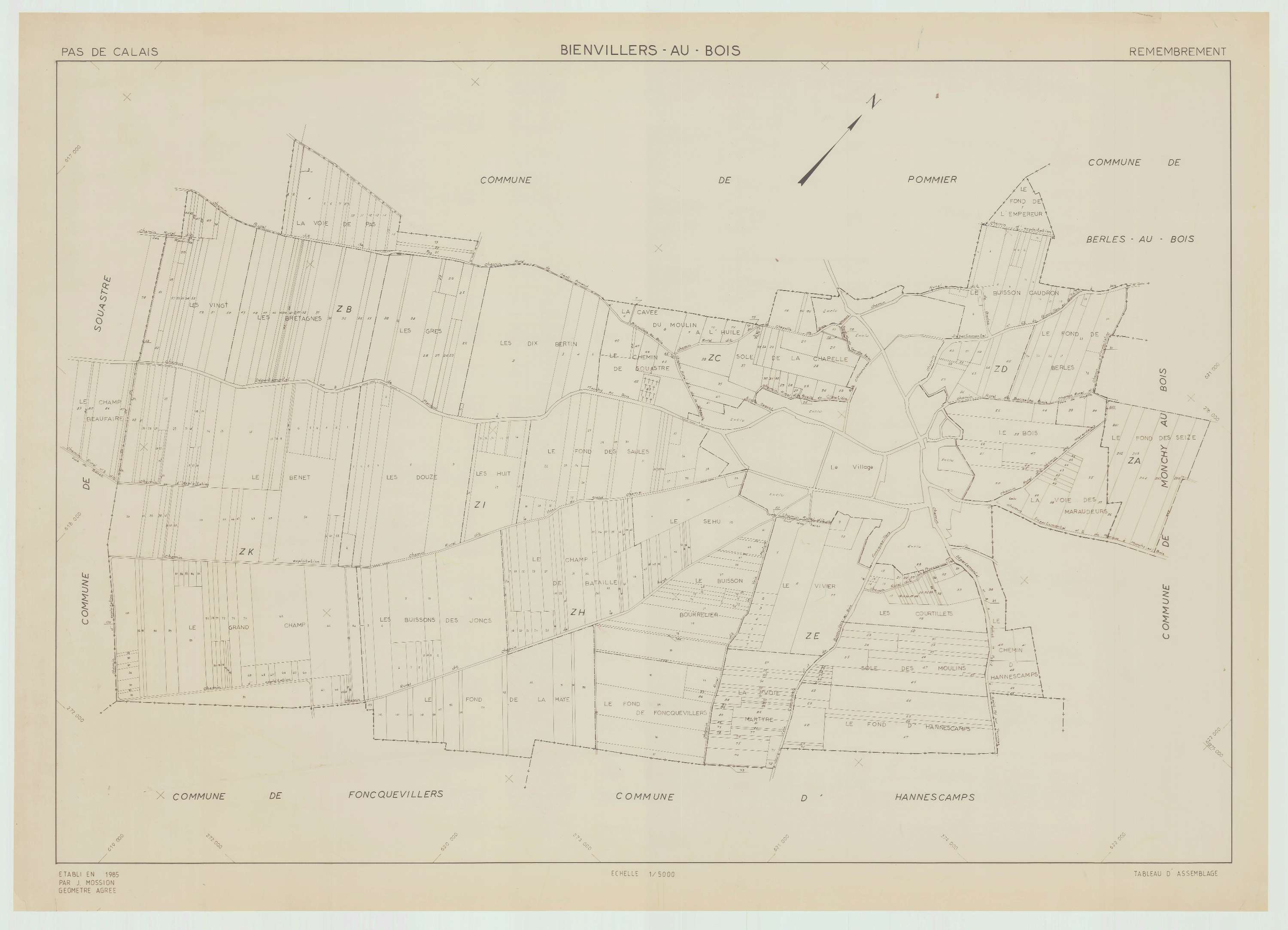 Villers-au-Bois - Plan cadastral : tableau d'assemblage postérieur au remembrement.