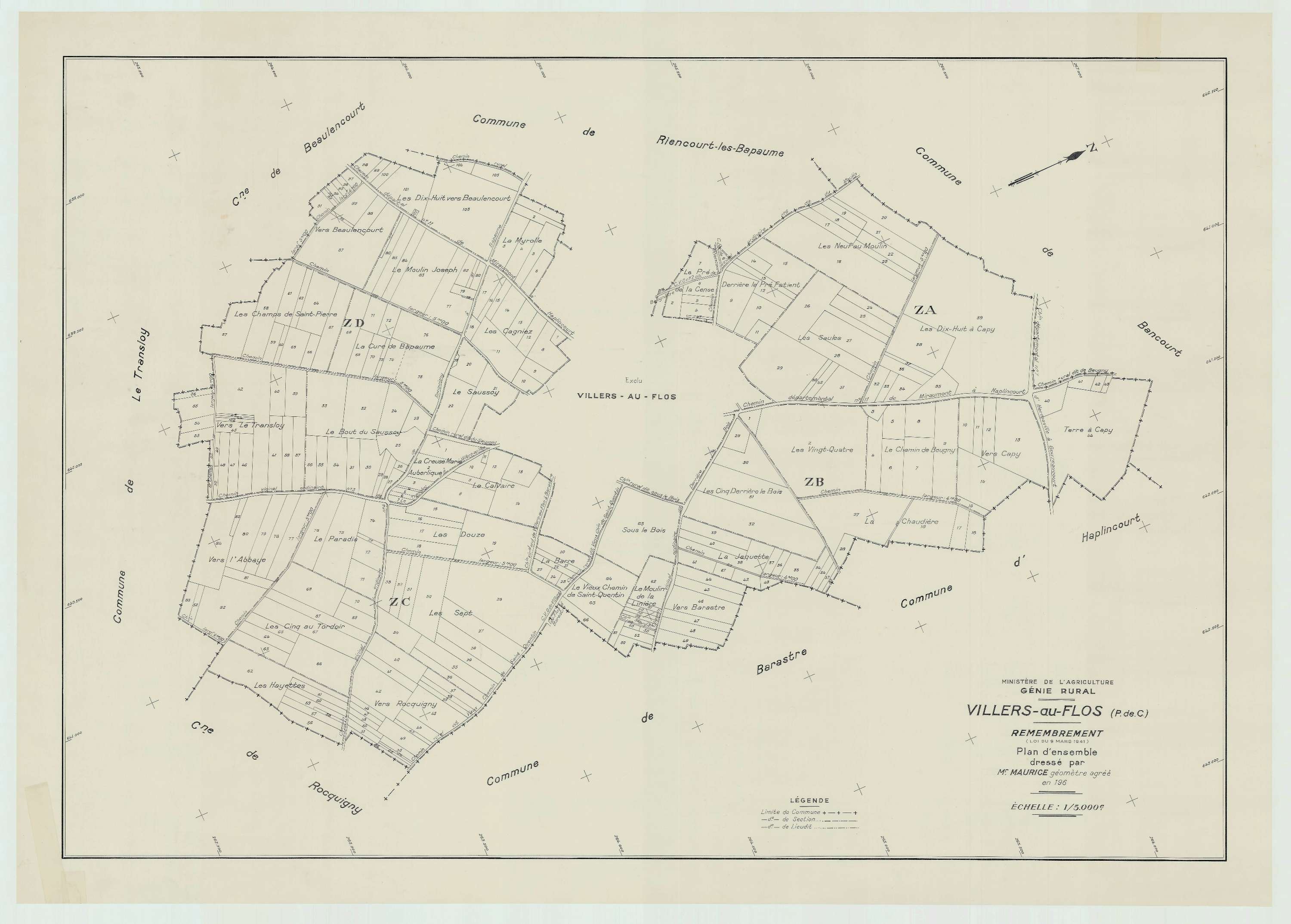 Villers-au-Flos - Plan cadastral : tableau d'assemblage antérieur au remembrement.