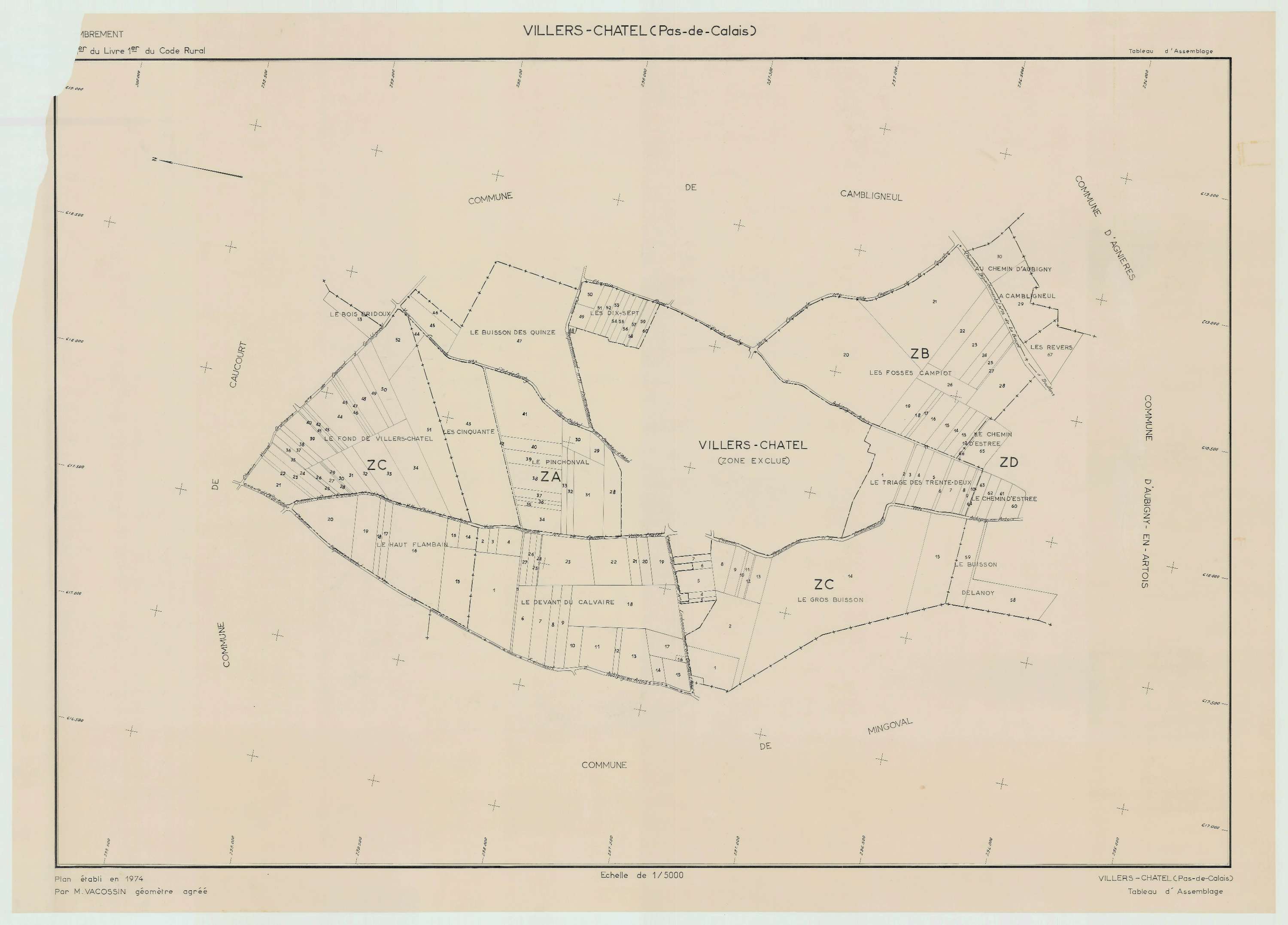 Villers-Châtel - Plan cadastral : tableau d'assemblage postérieur au remembrement.