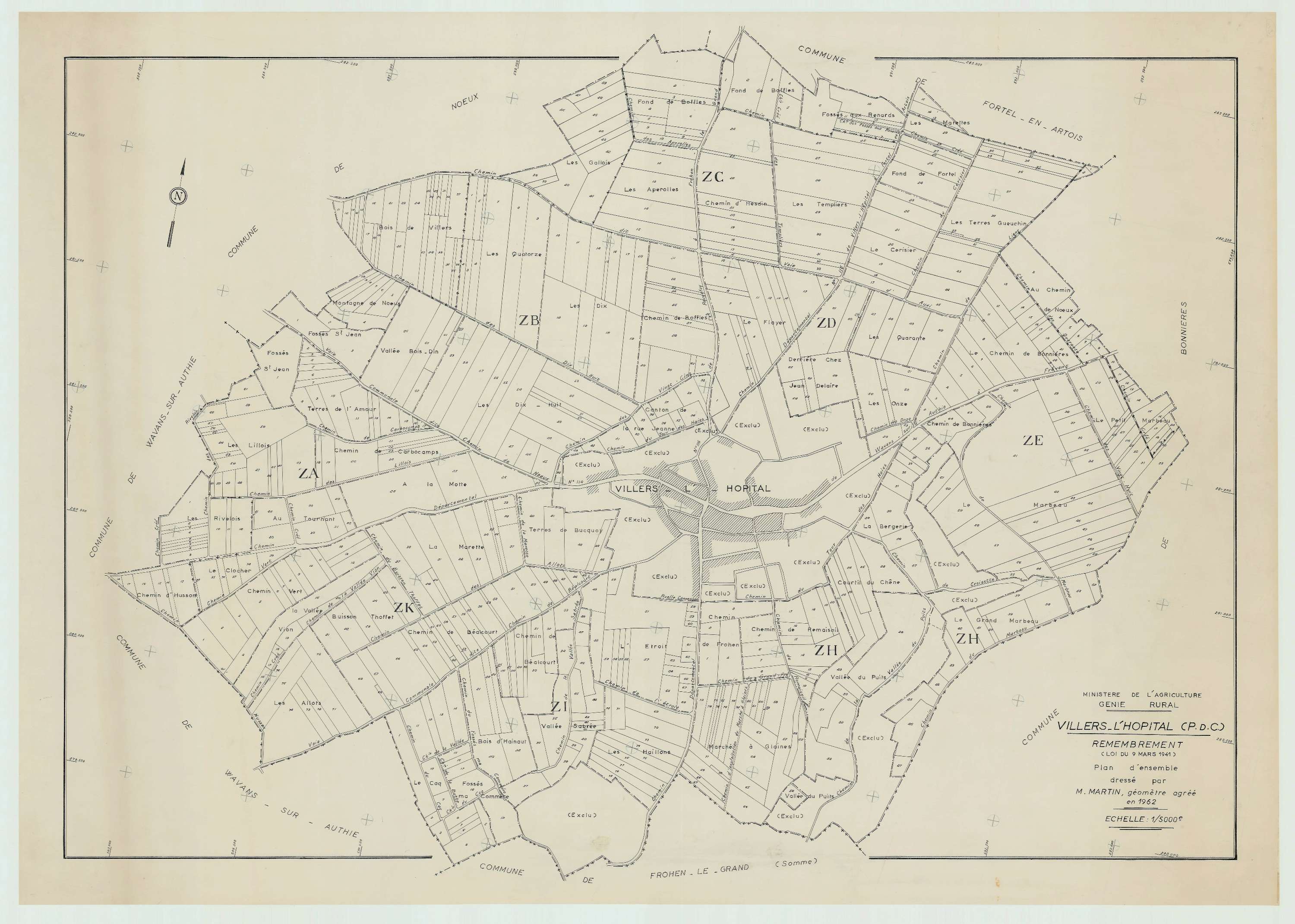 Villers-l'Hôpital - Plan cadastral : tableau d'assemblage postérieur au remembrement.