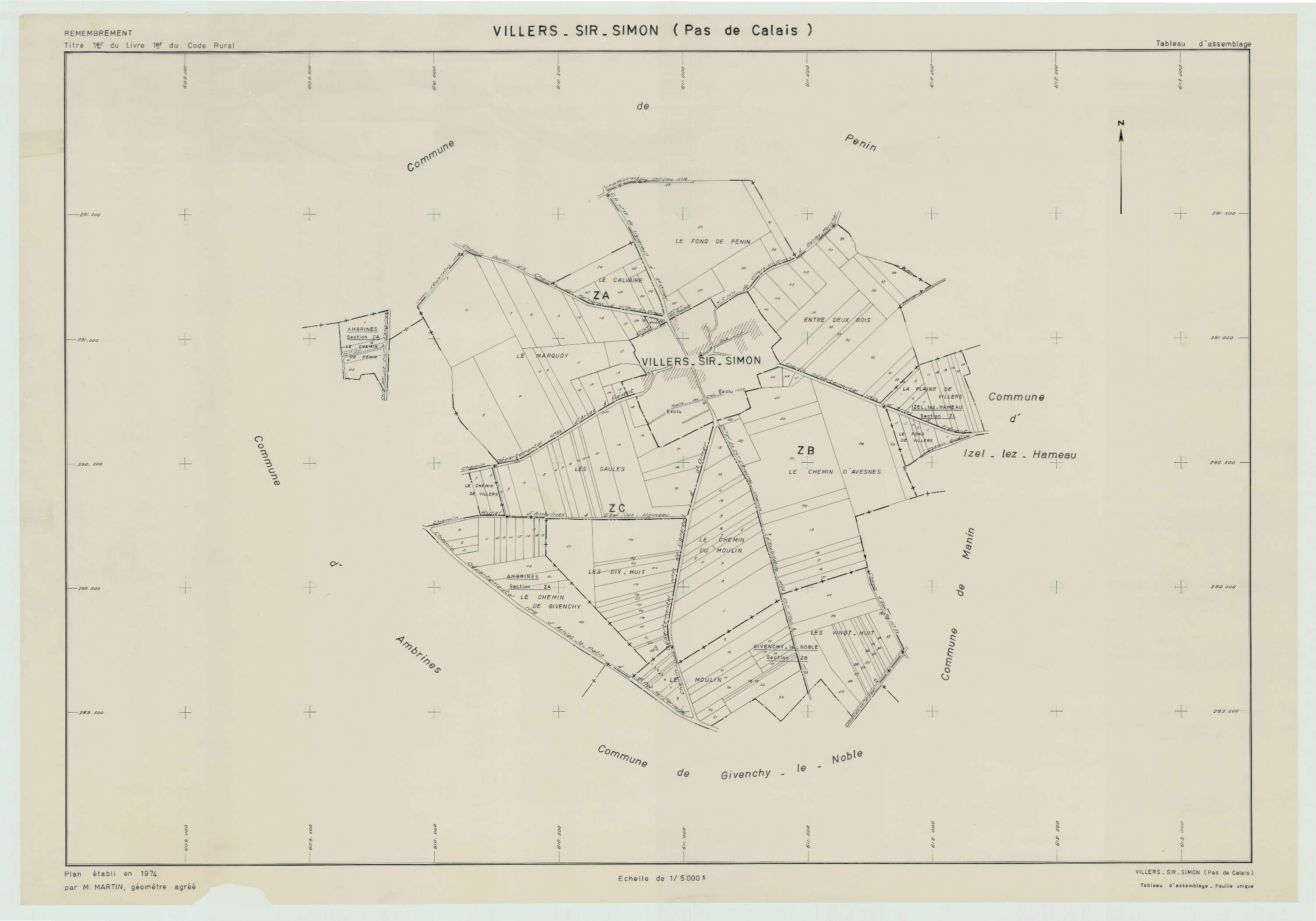 Villers-Sir-Simon - Plan cadastral : tableau d'assemblage postérieur au remembrement.