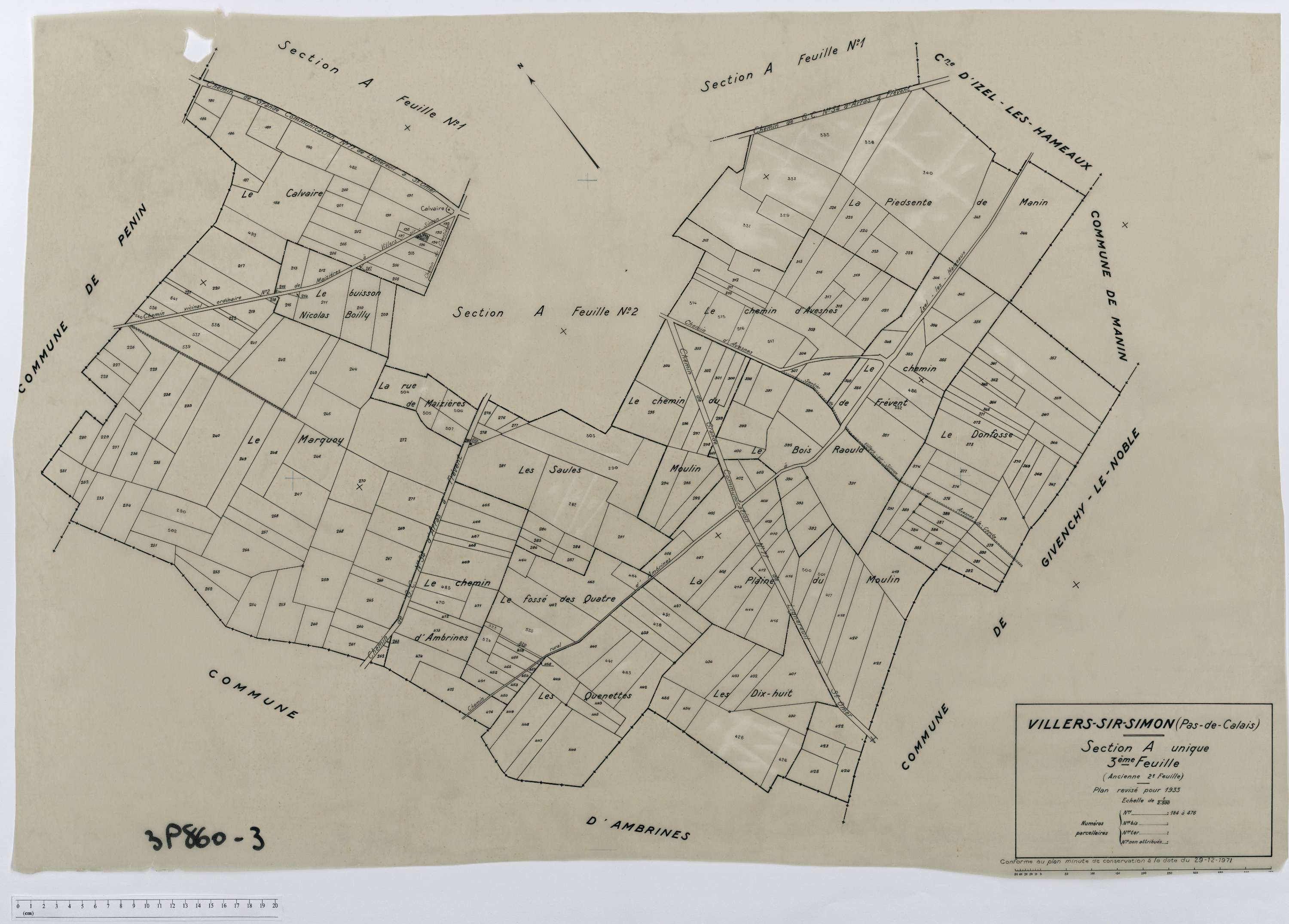 Villers-Sir-Simon - Section A, feuille 3.