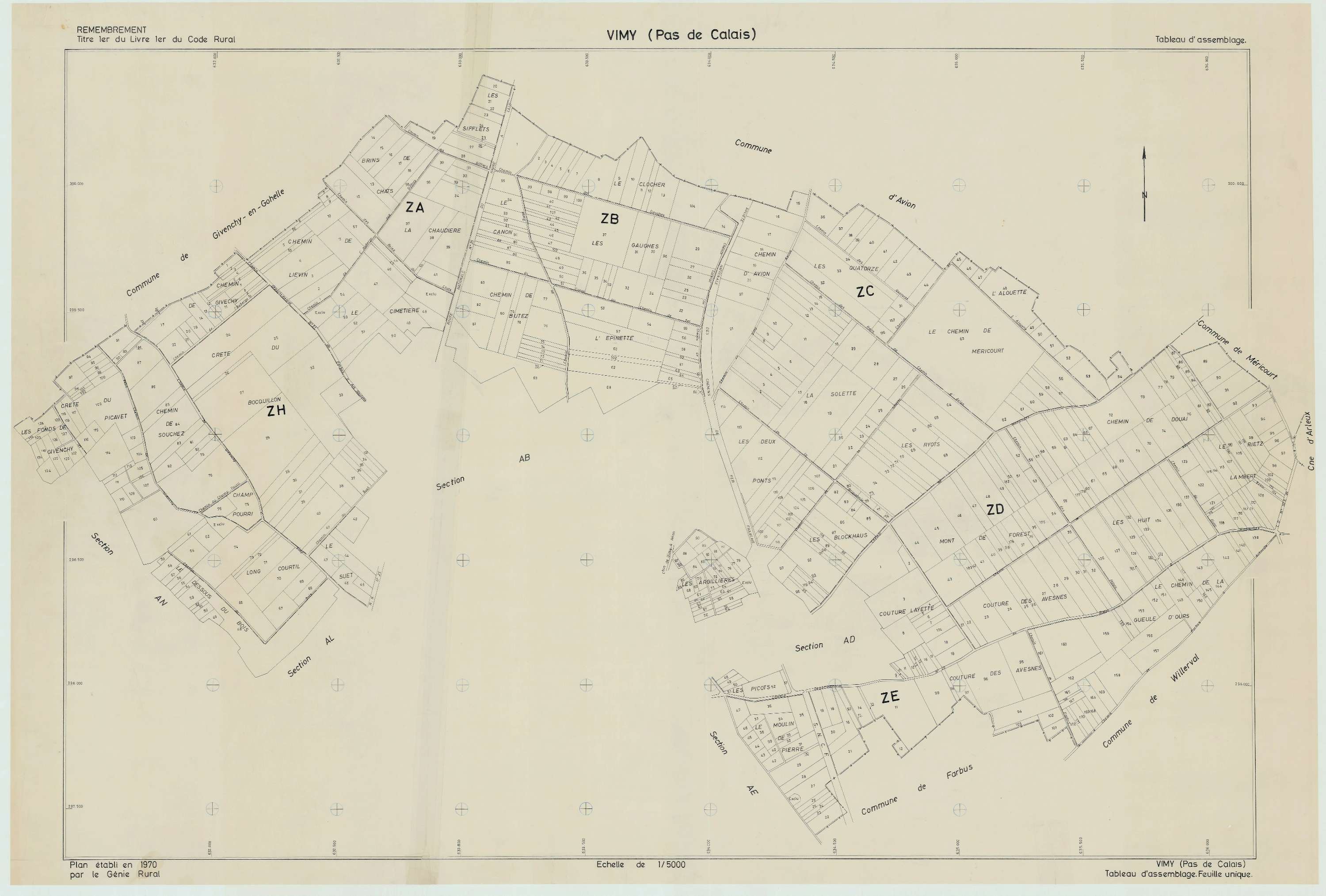 Vimy - Plan cadastral : tableau d'assemblage postérieur au remembrement.