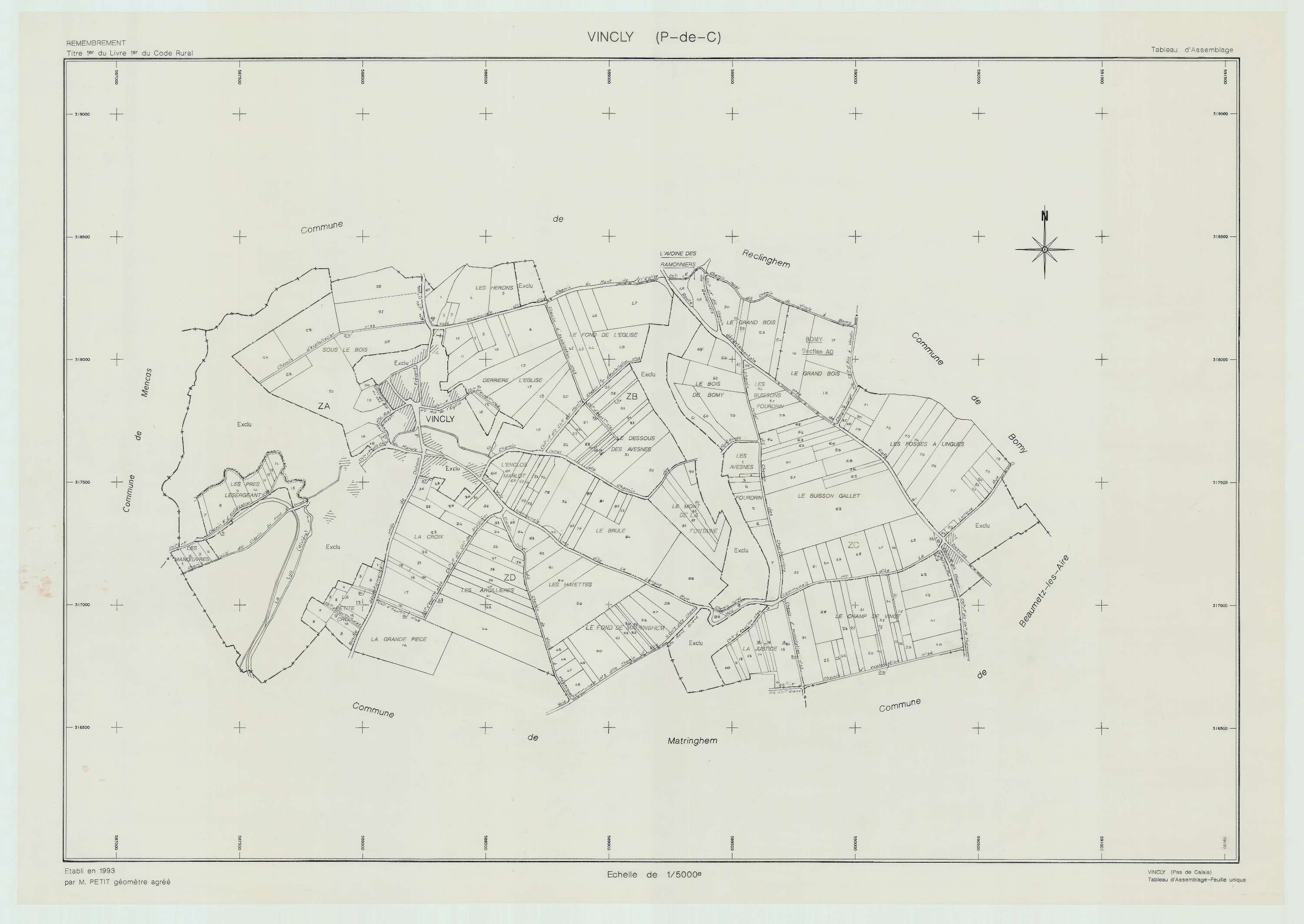 Vincly - Plan cadastral : tableau d'assemblage postérieur au remembrement.