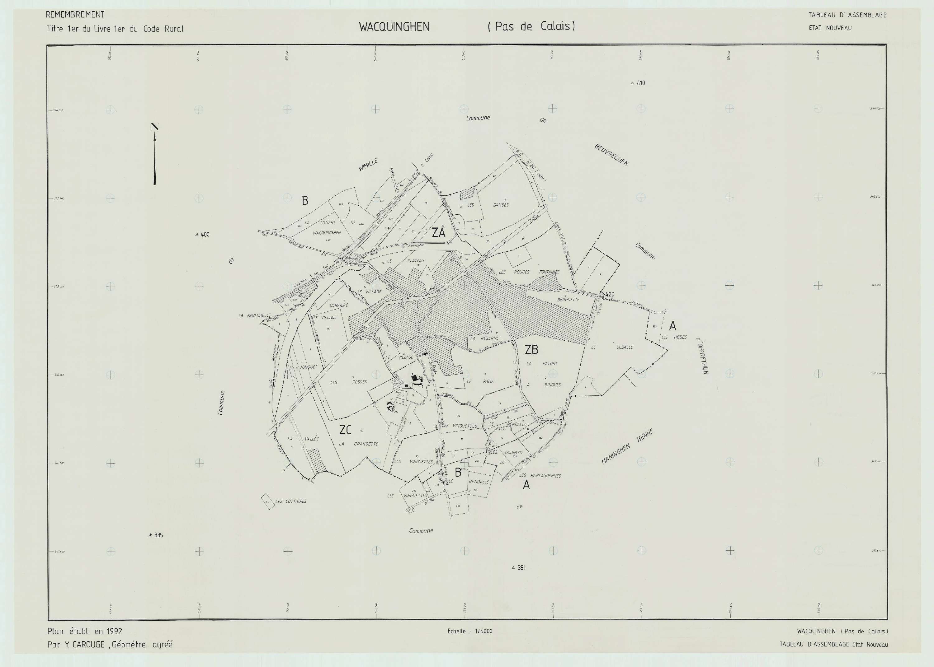 Wacquinghen - Plan cadastral : tableau d'assemblage postérieur au remembrement.