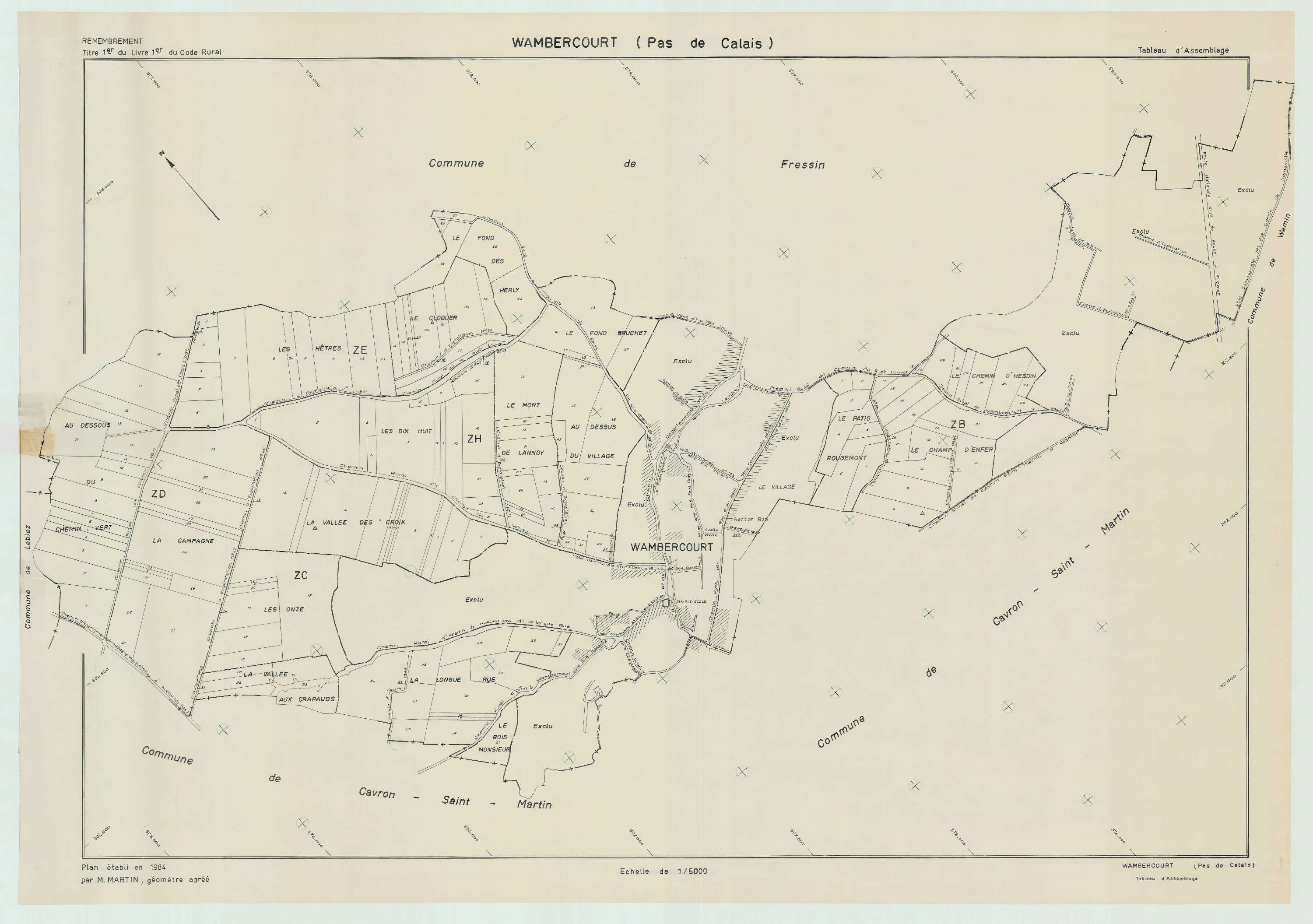Wambercourt - Plan cadastral : tableau d'assemblage postérieur au remembrement.