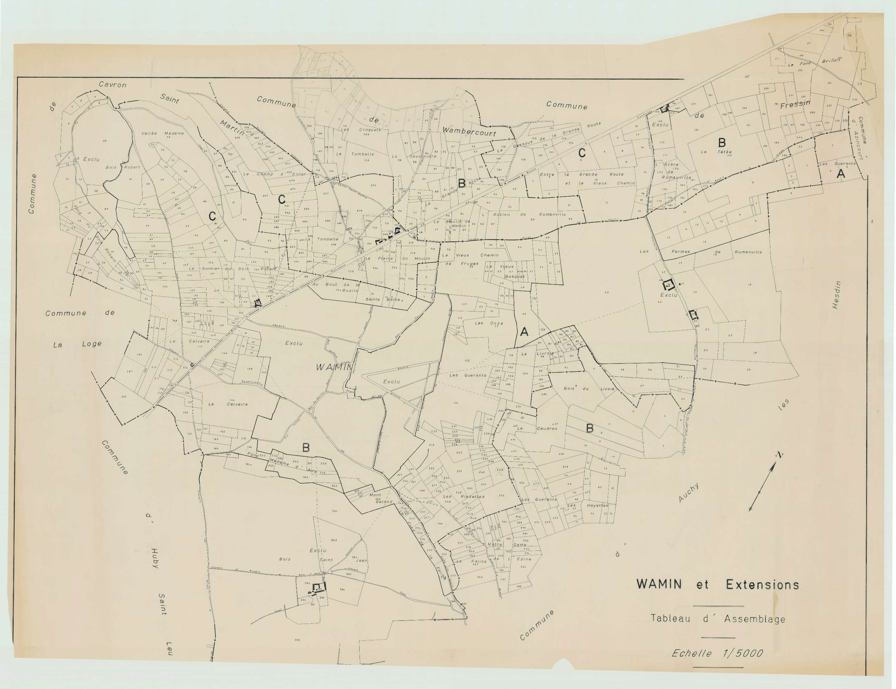 Wamin - Plan cadastral : tableau d'assemblage antérieur au remembrement.