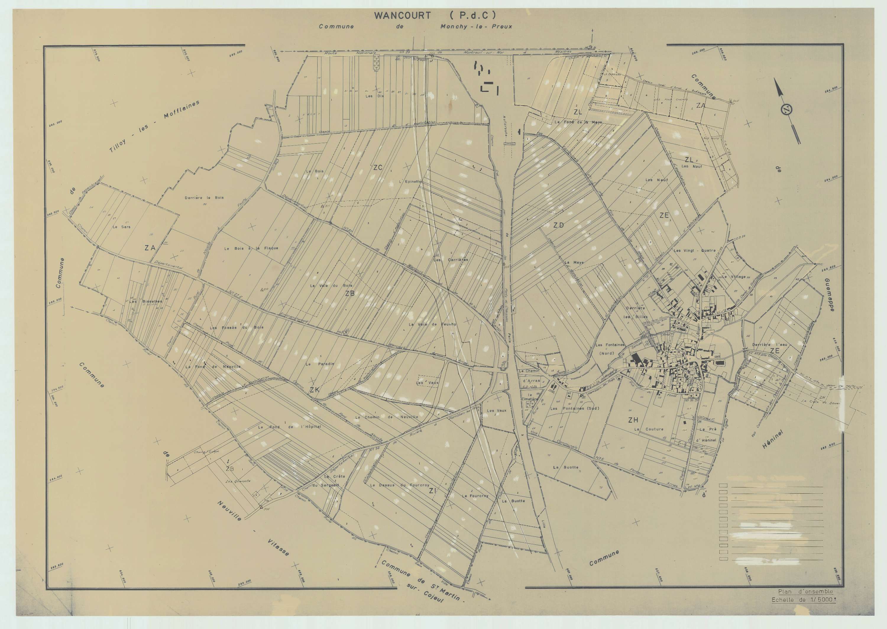 Wancourt - Plan cadastral : tableau d'assemblage antérieur au remembrement.