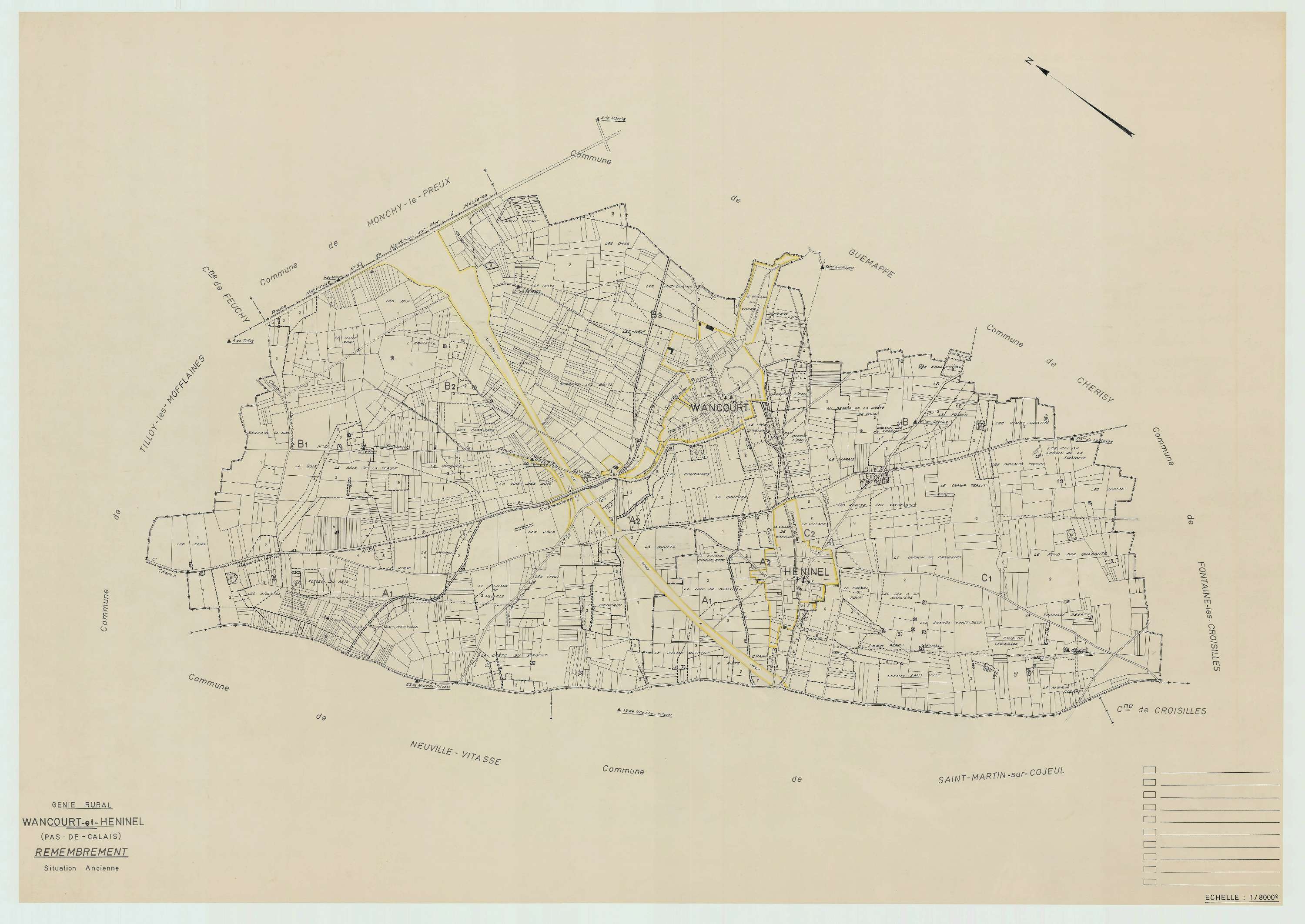 Wancourt - Plan cadastral : tableau d'assemblage antérieur au remembrement.