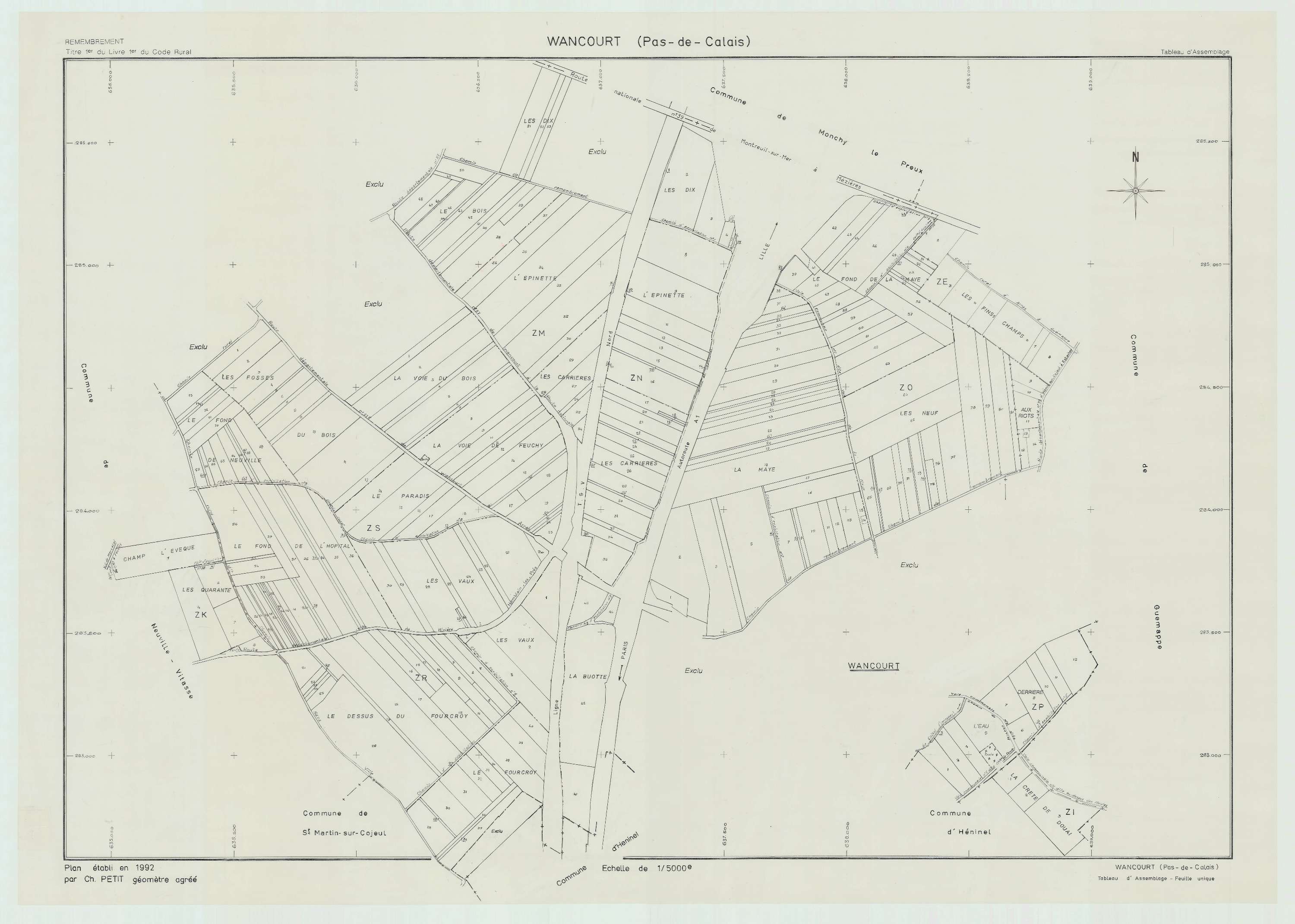 Wancourt - Plan cadastral : tableau d'assemblage postérieur au remembrement.