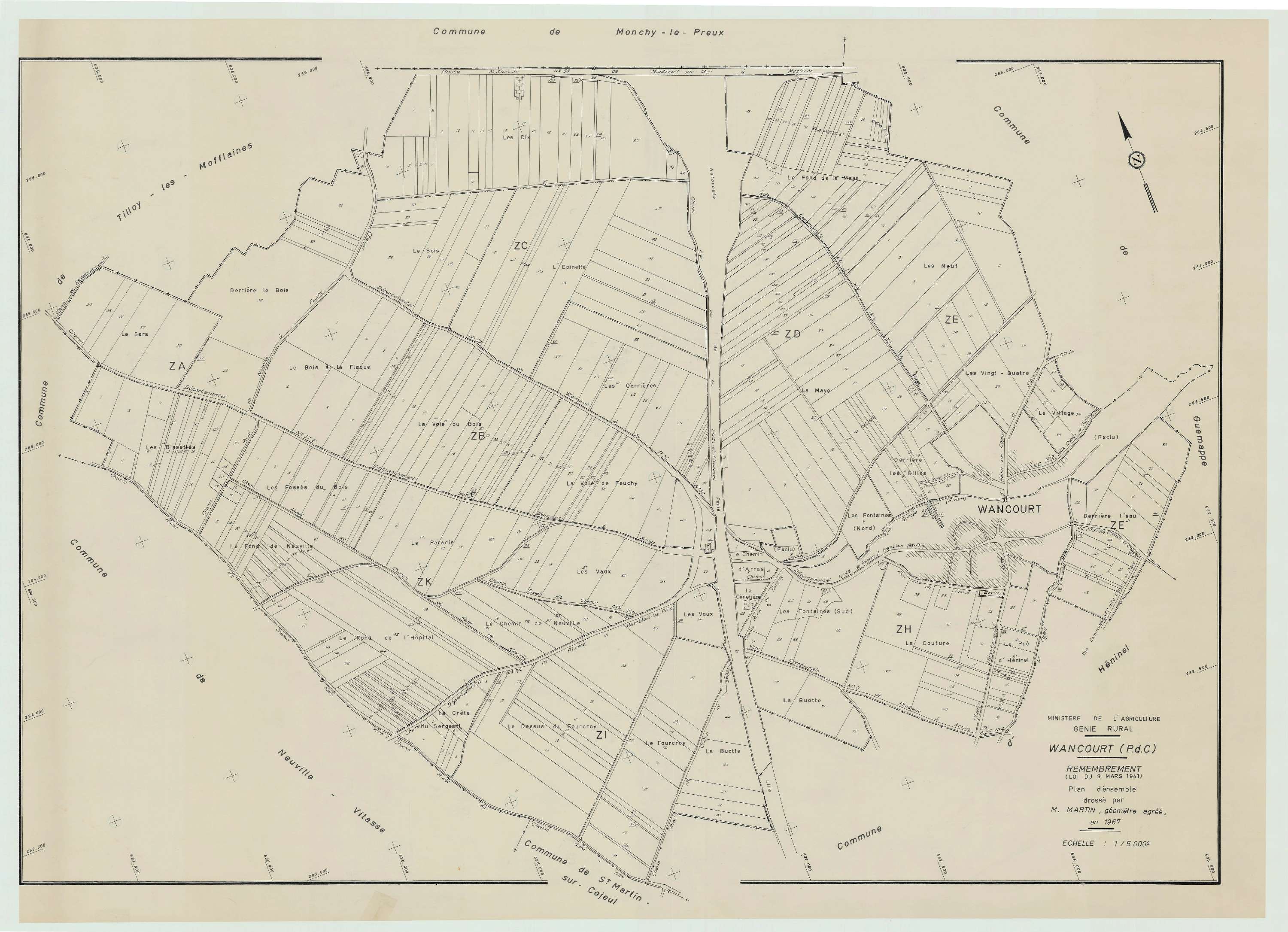 Wancourt - Plan cadastral : tableau d'assemblage postérieur au remembrement.
