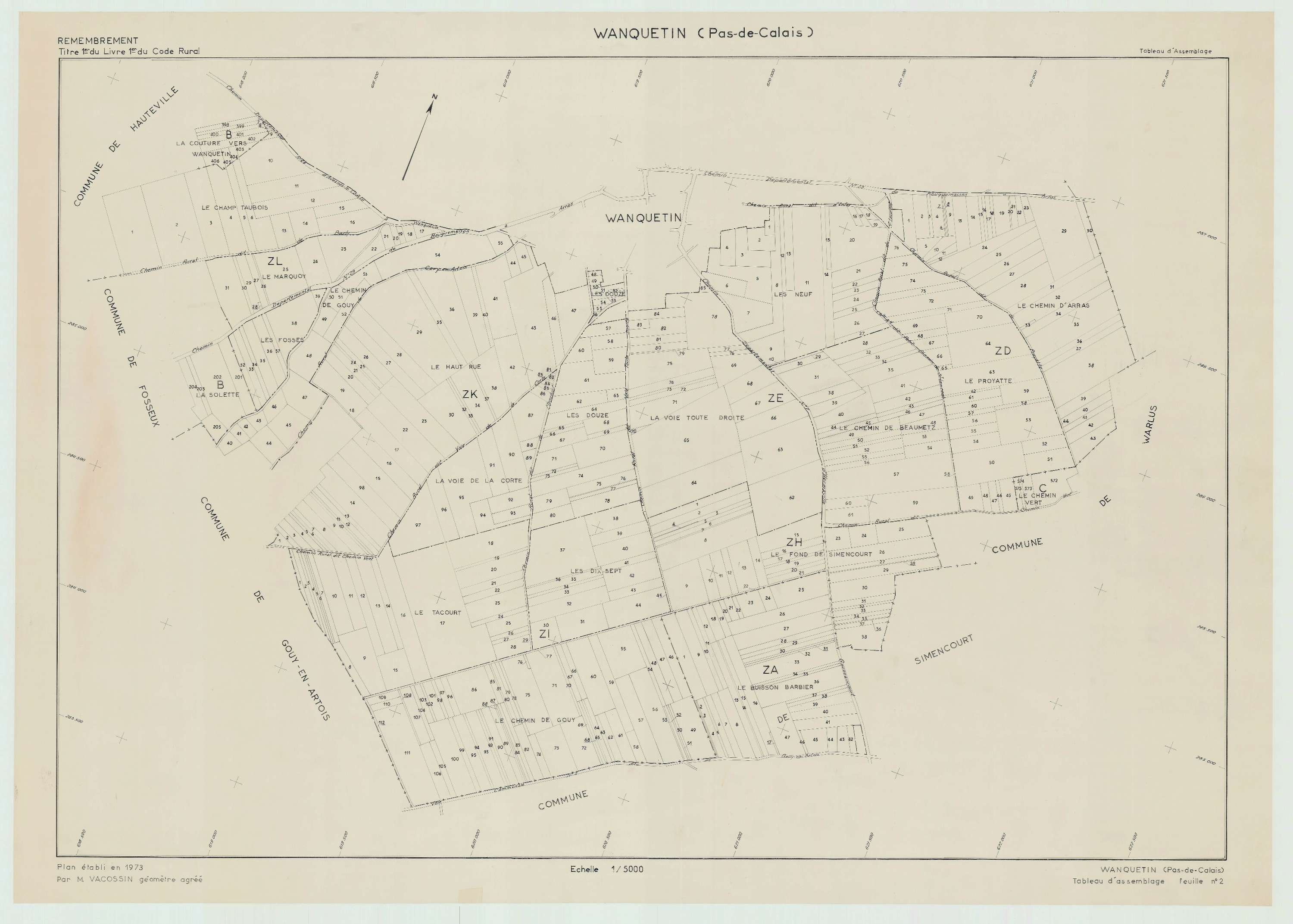 Wanquetin - Plan cadastral : tableau d'assemblage postérieur au remembrement.