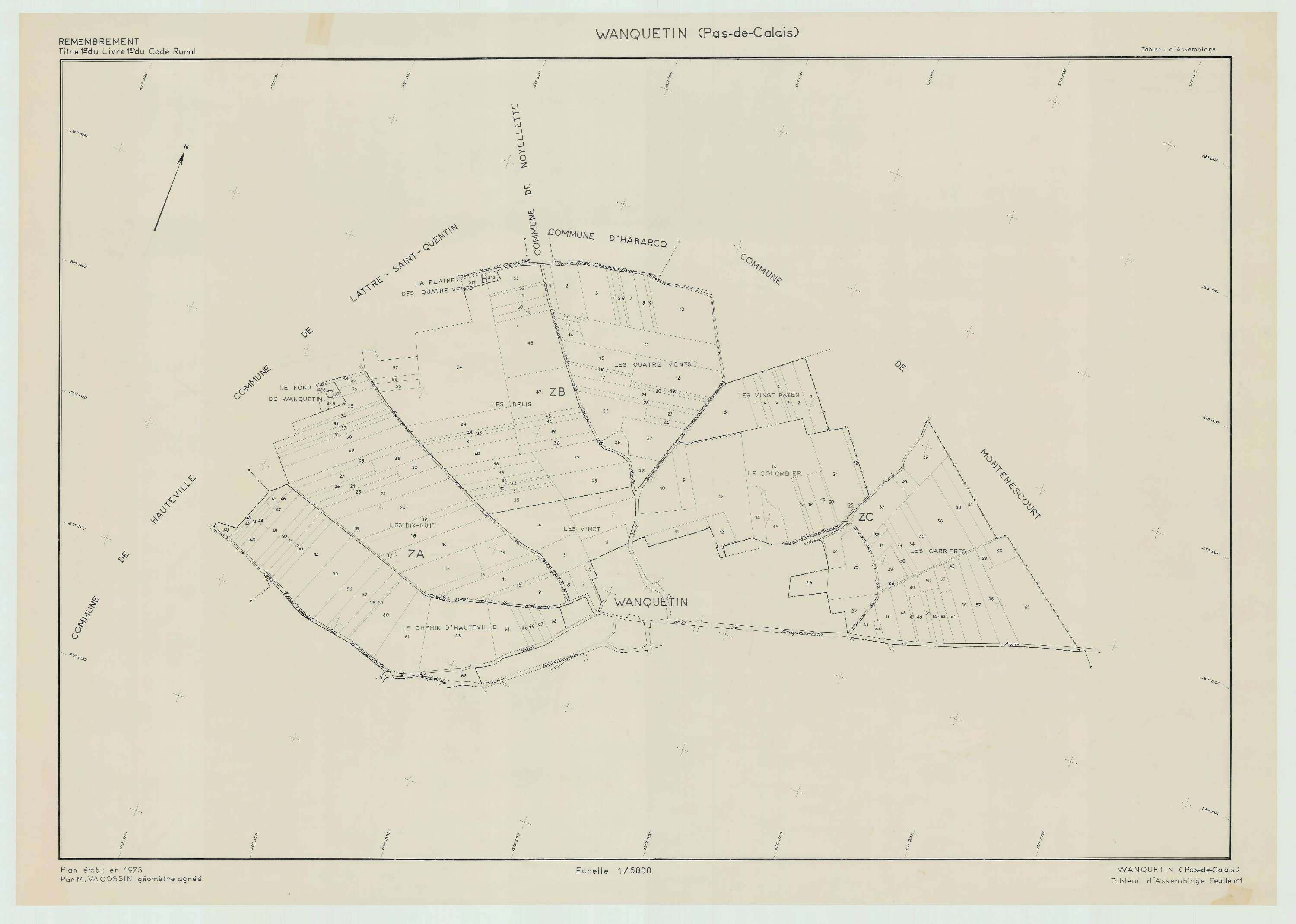 Wanquetin - Plan cadastral : tableau d'assemblage postérieur au remembrement.