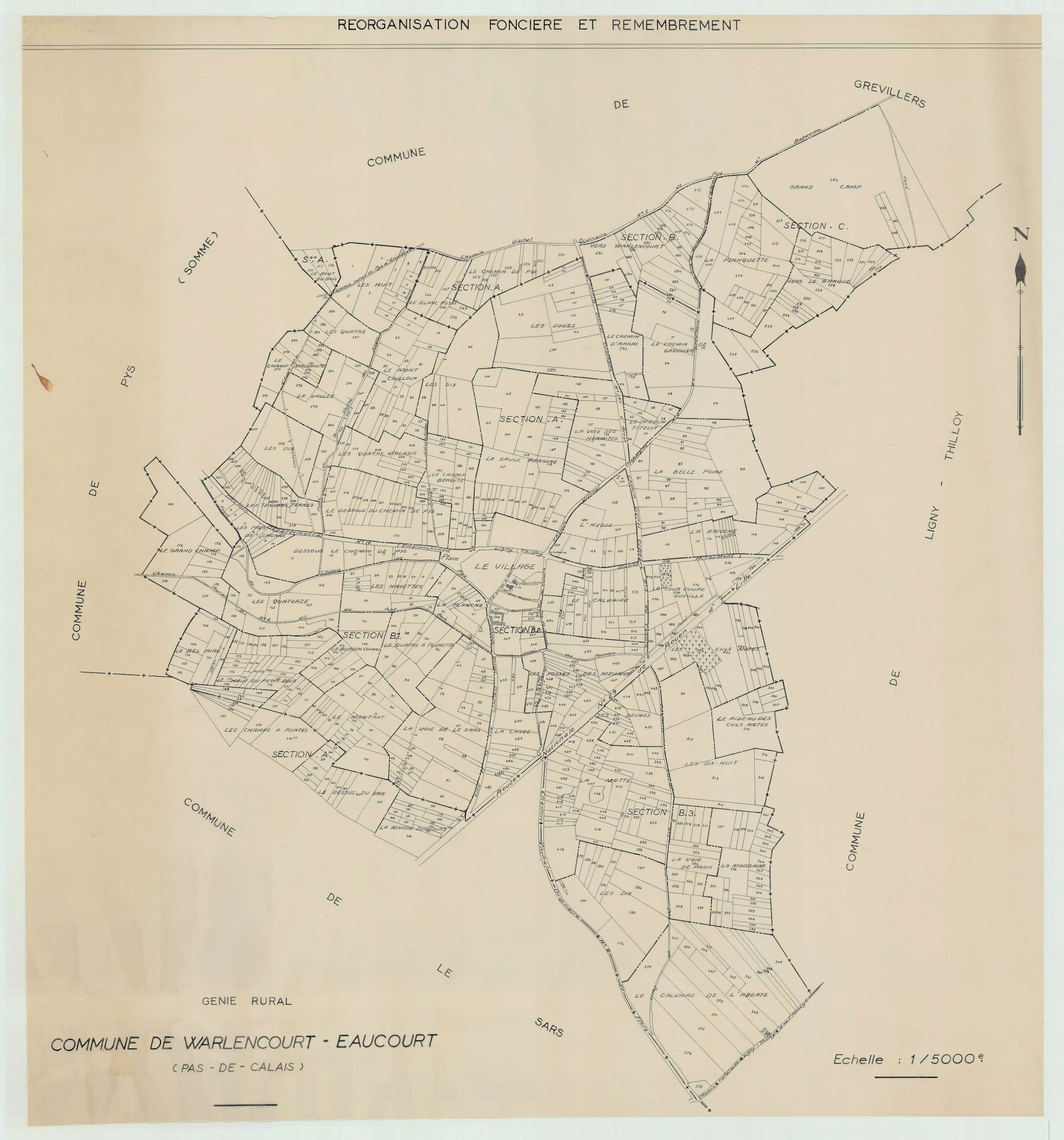 Warlencourt-Eaucourt - Plan cadastral : tableau d'assemblage antérieur au remembrement.