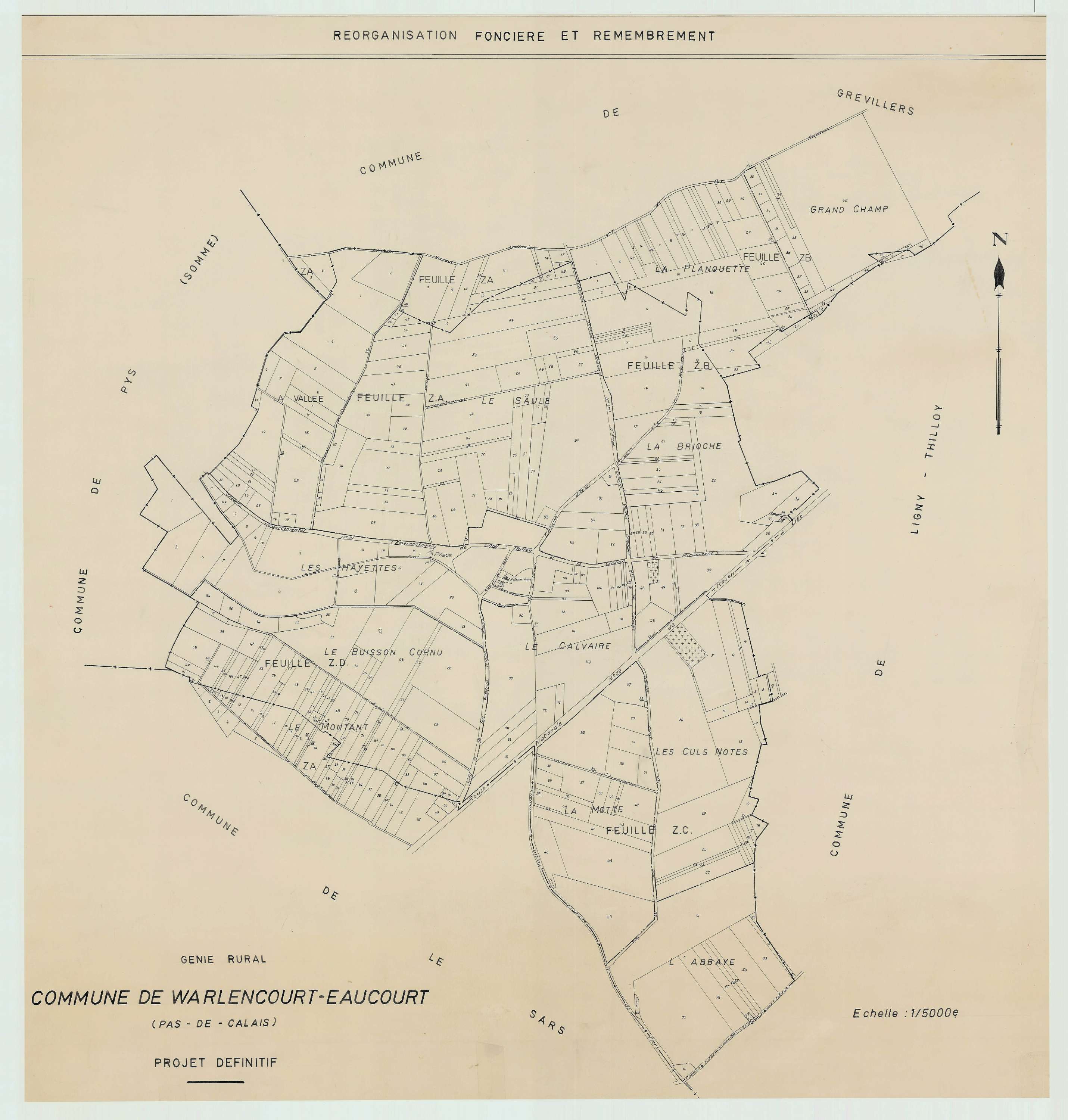 Warlencourt-Eaucourt - Plan cadastral : tableau d'assemblage postérieur au remembrement.