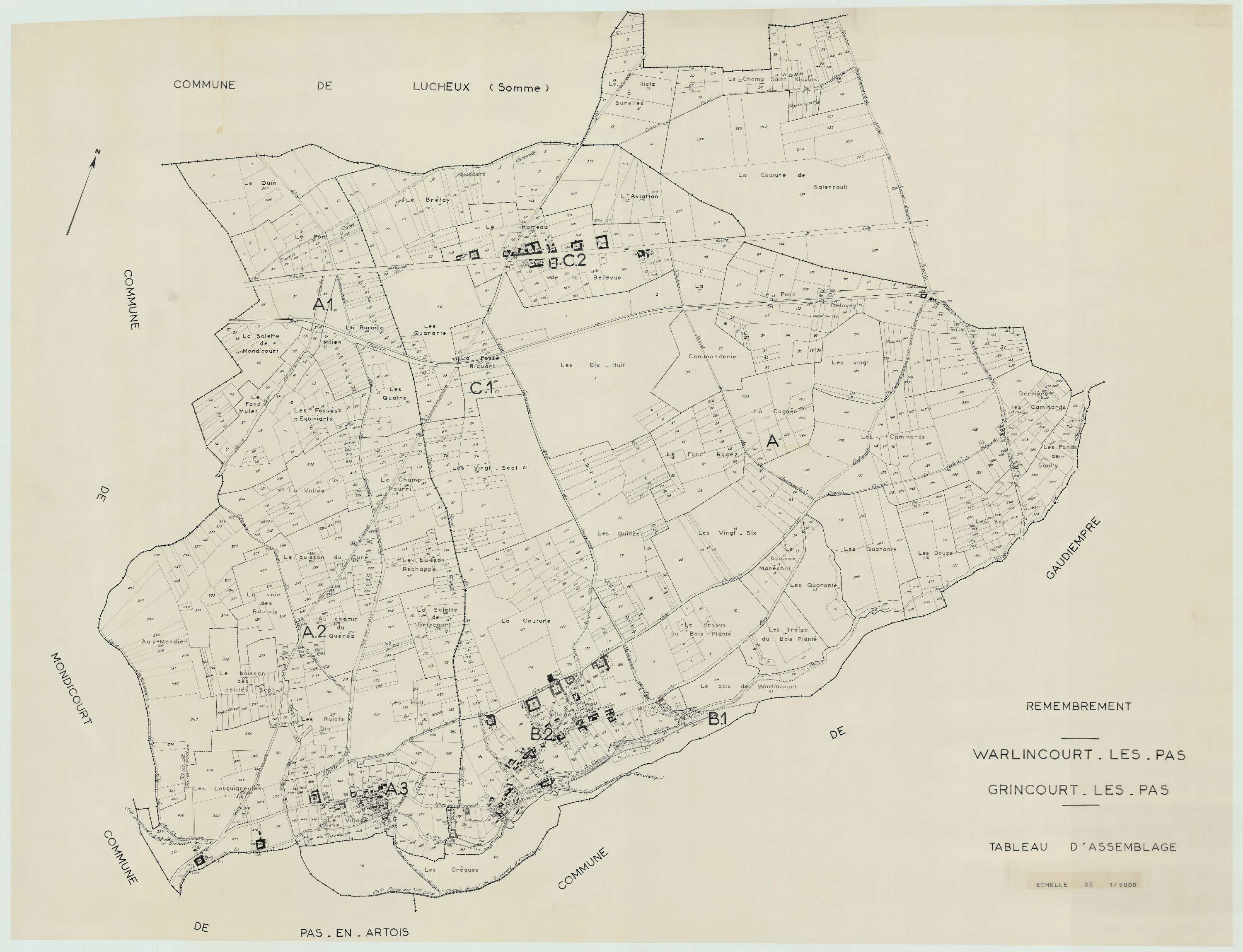 Warlincourt-lès-Pas - Plan cadastral : tableau d'assemblage postérieur au remembrement.