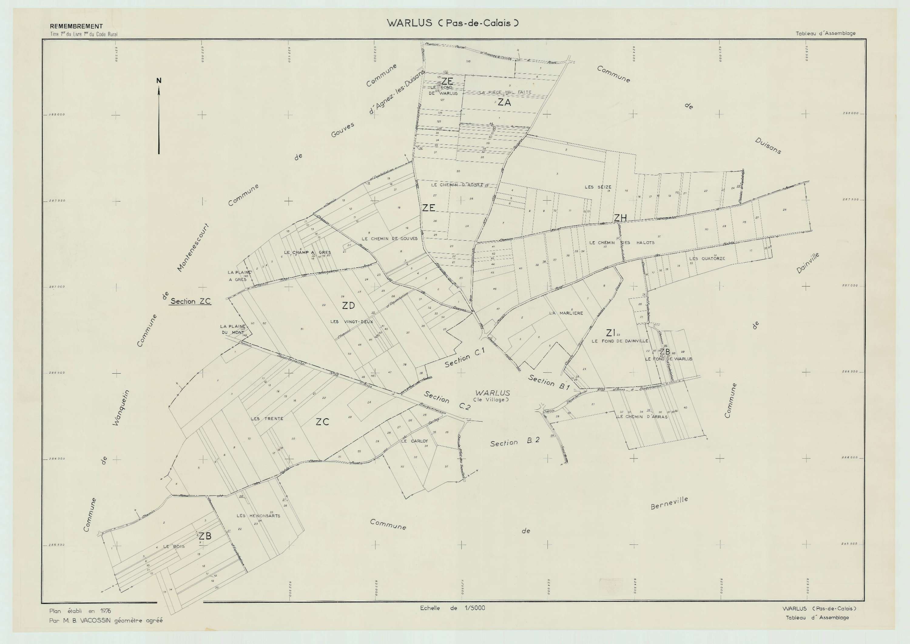 Warlus - Plan cadastral : tableau d'assemblage postérieur au remembrement.