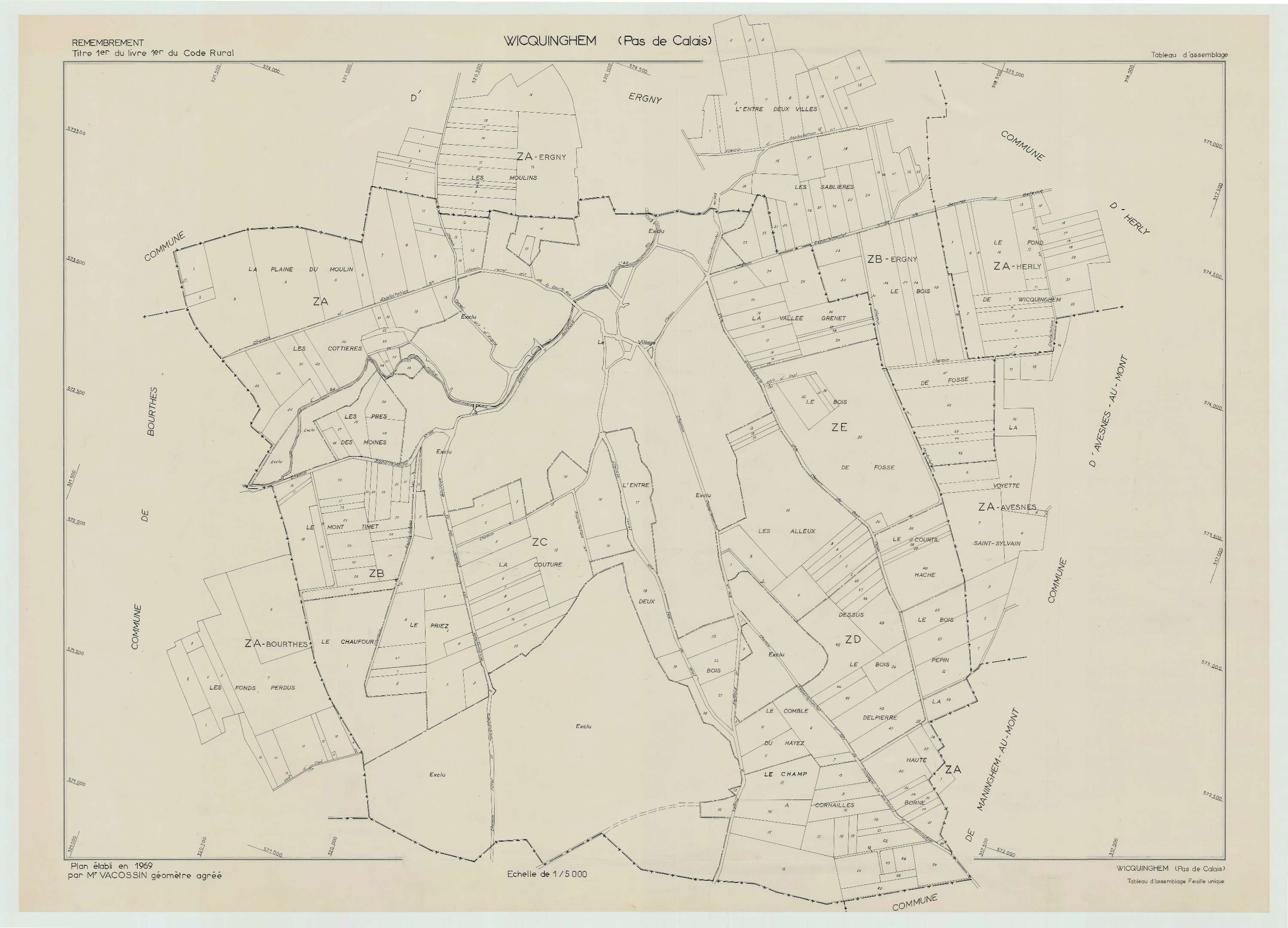 Wicquinghem - Plan cadastral : tableau d'assemblage postérieur au remembrement.