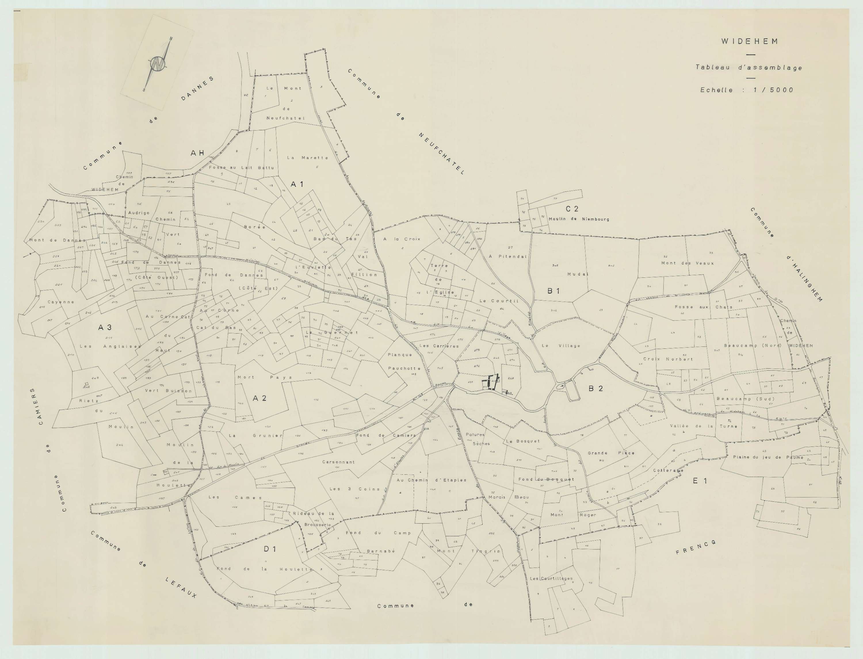 Widehem - Plan cadastral : tableau d'assemblage antérieur au remembrement.