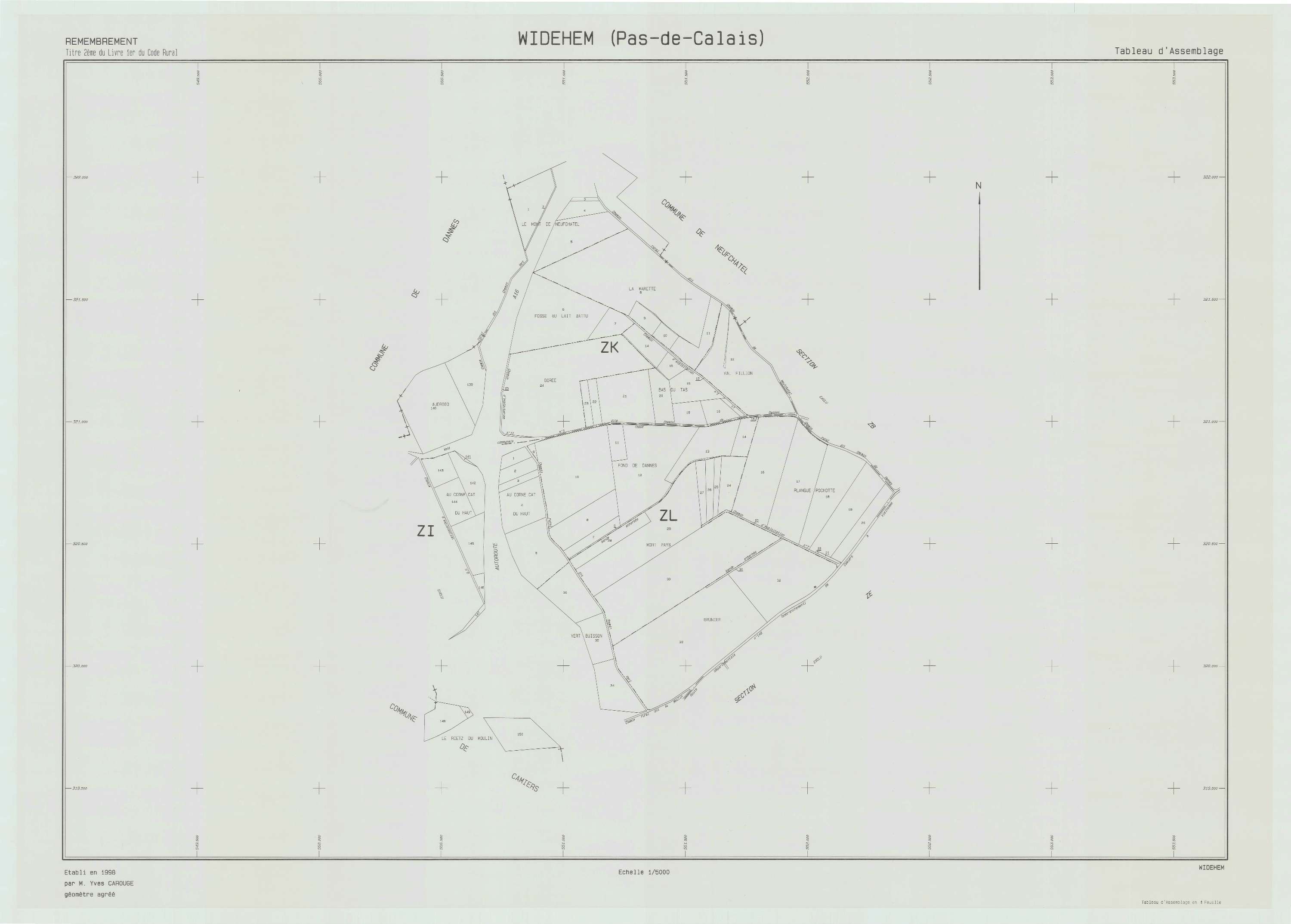 Widehem - Plan cadastral : tableau d'assemblage postérieur au remembrement.