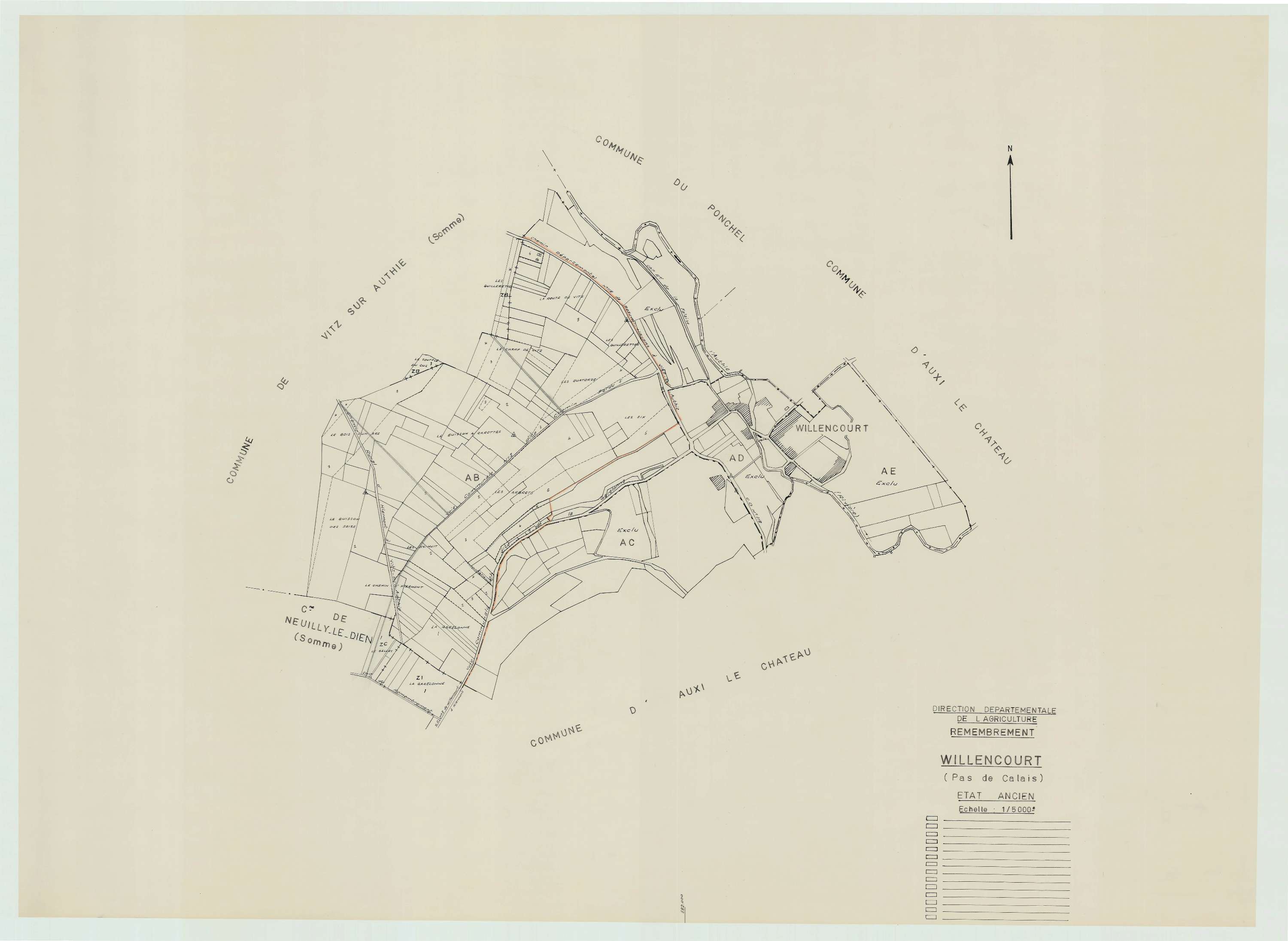 Willencourt - Plan cadastral : tableau d'assemblage antérieur au remembrement.