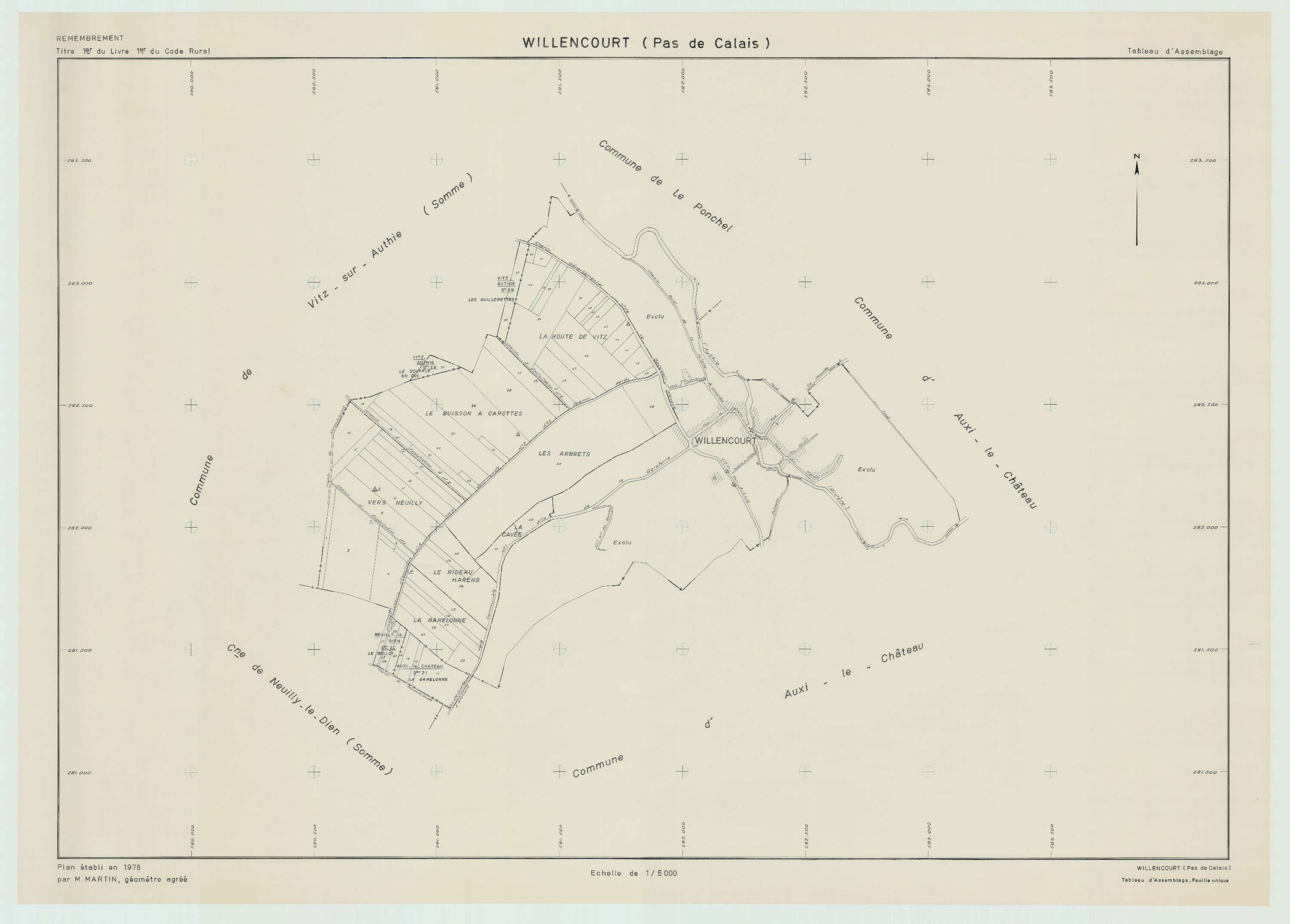 Willencourt - Plan cadastral : tableau d'assemblage postérieur au remembrement.