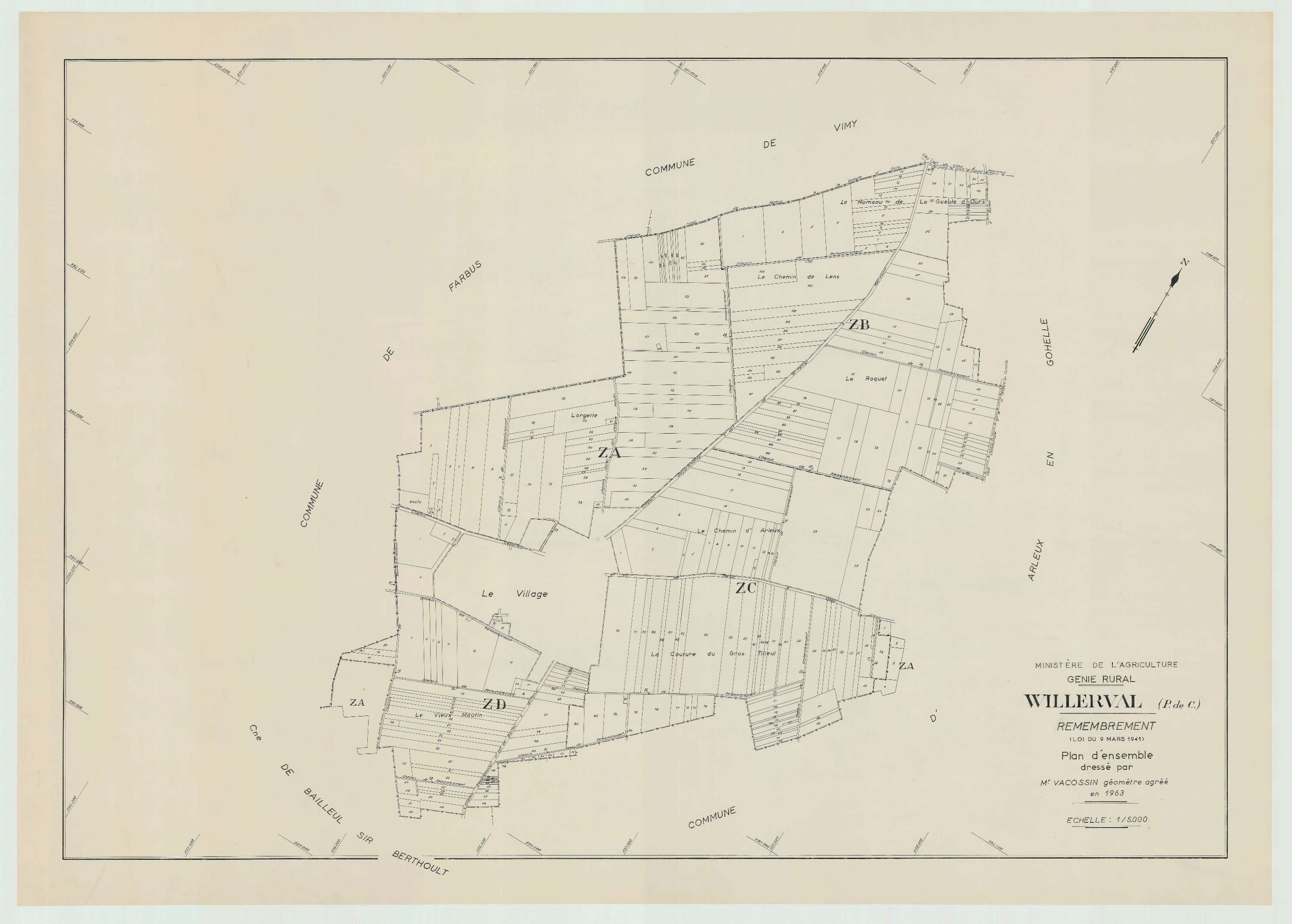 Willerval - Plan cadastral : tableau d'assemblage postérieur au remembrement.