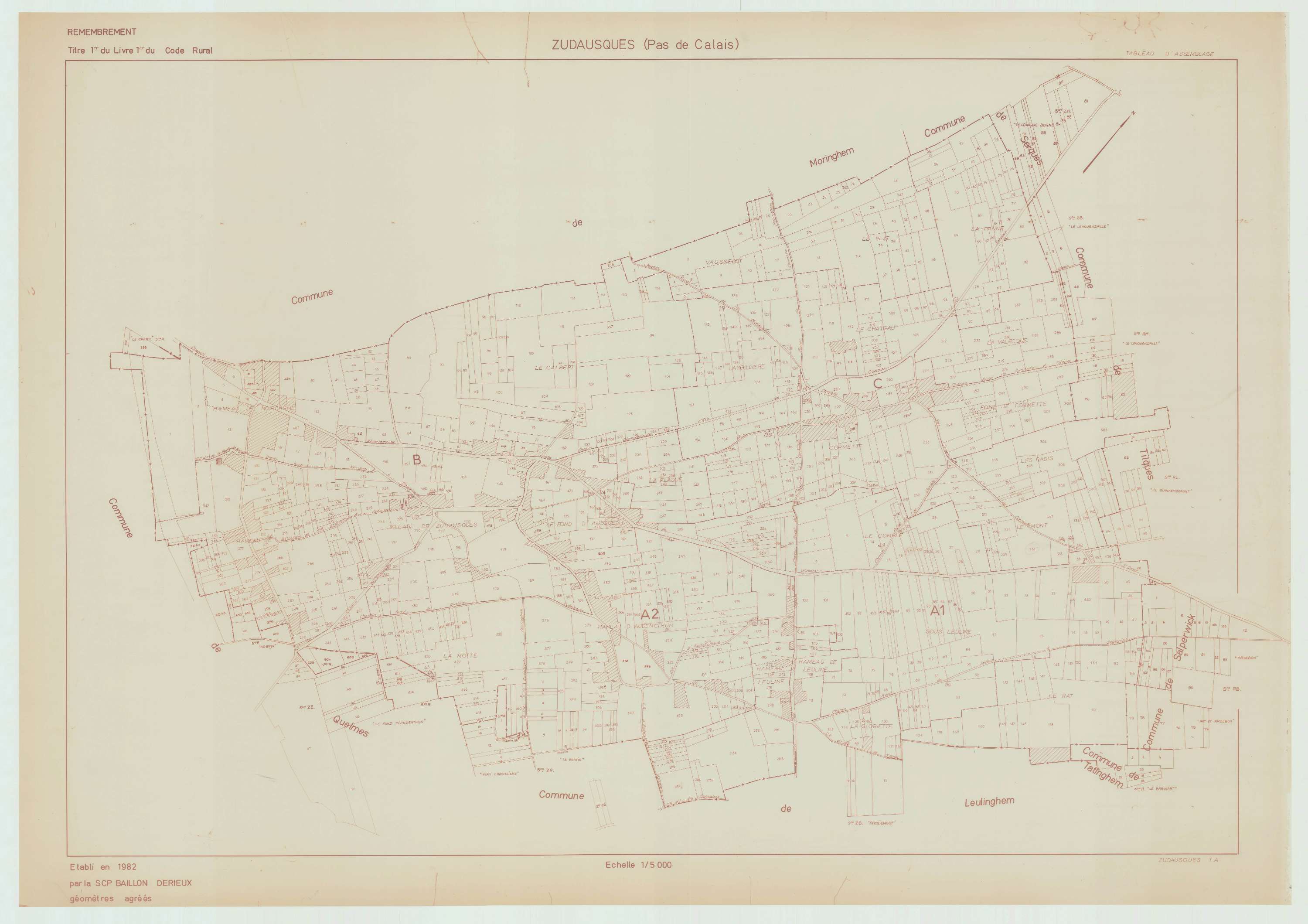 Zudausques - Plan cadastral : tableau d'assemblage postérieur au remembrement.