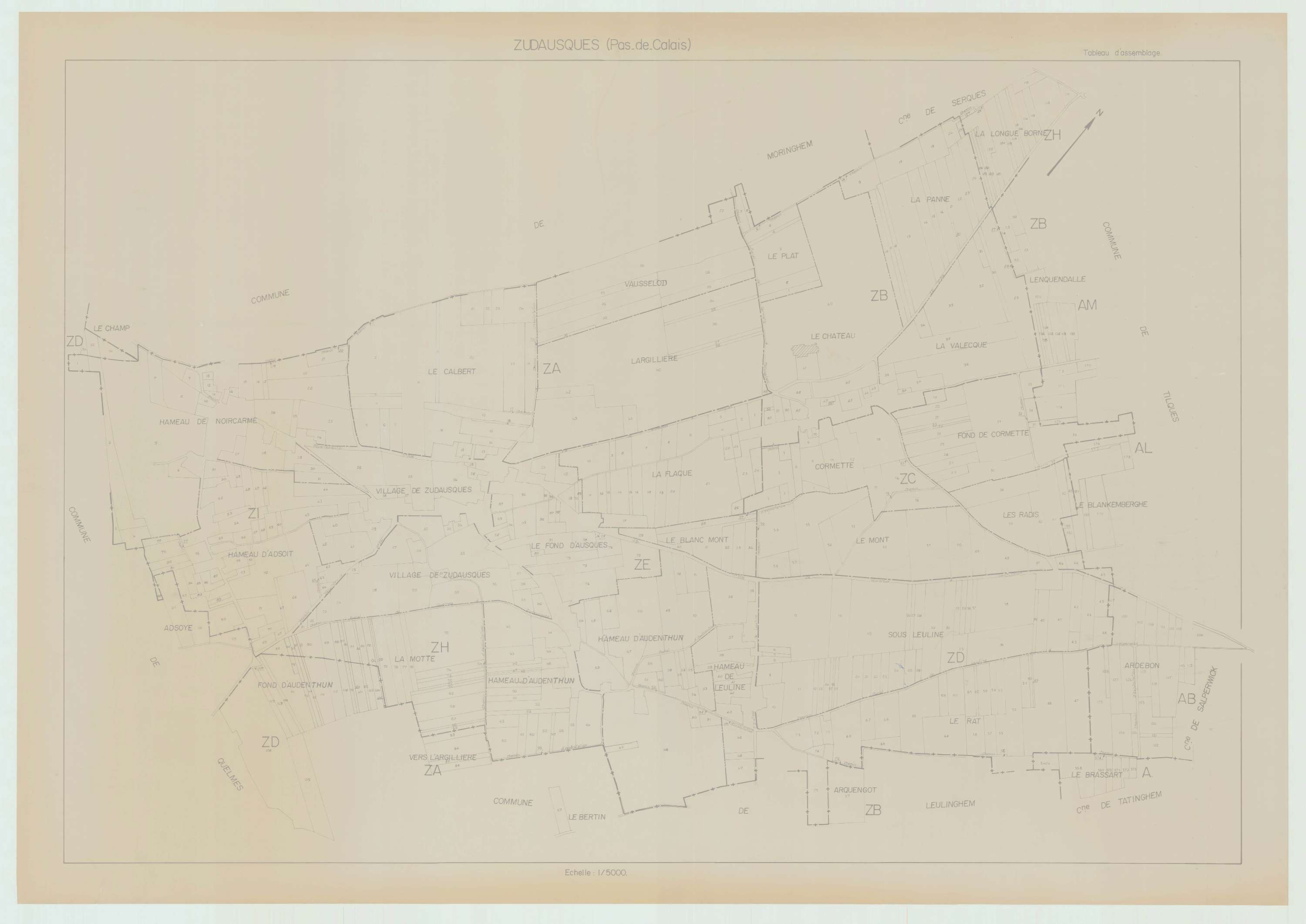 Zudausques - Plan cadastral : tableau d'assemblage antérieur au remembrement.