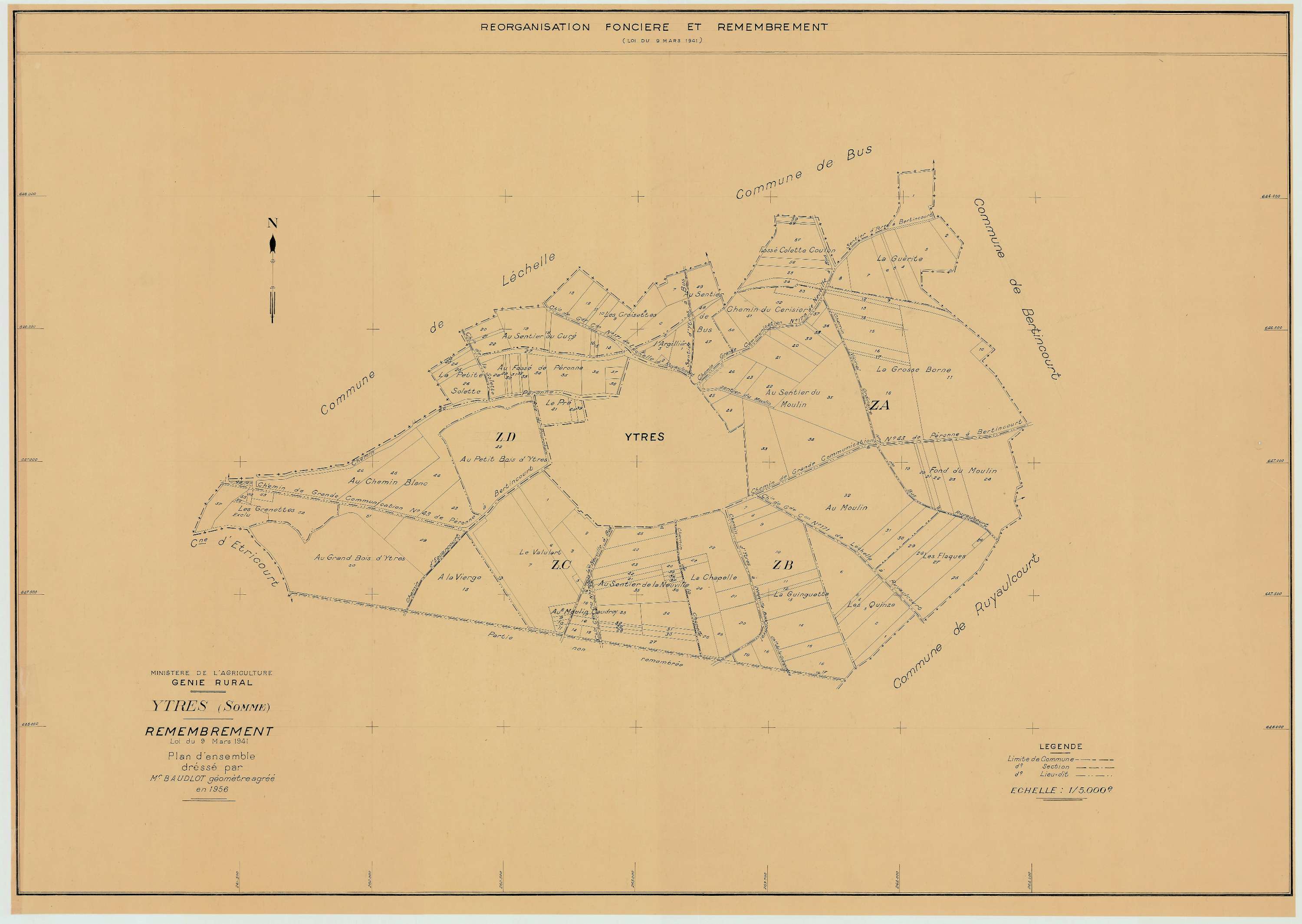 Ytres - Plan cadastral : tableau d'assemblage postérieur au remembrement.