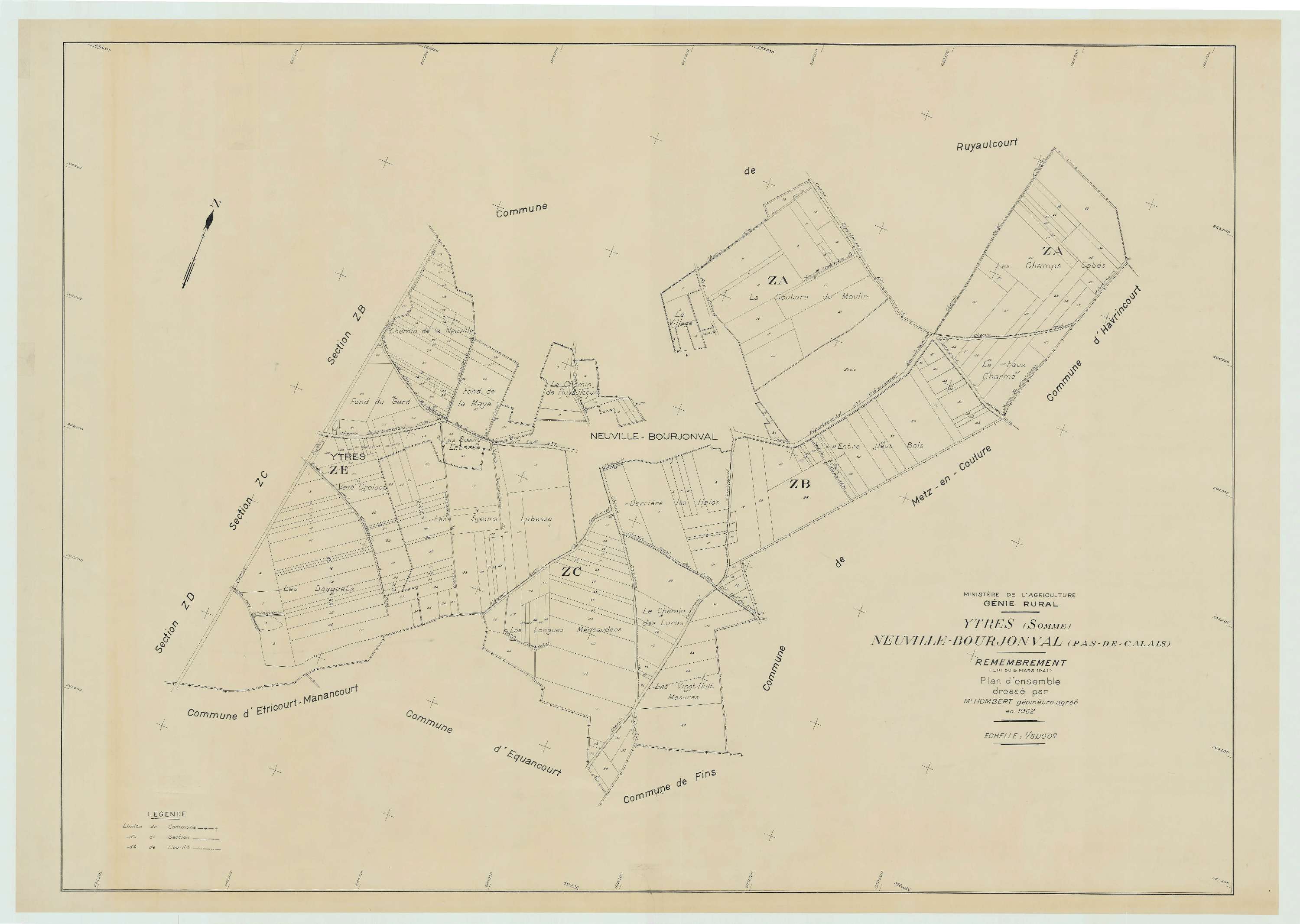 Ytres - Plan cadastral : tableau d'assemblage postérieur au remembrement.