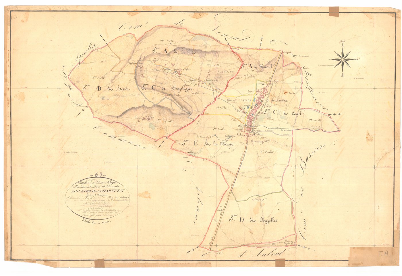 Aigueperse - 53 FI 1      Tableau d'assemblage des plans cadastraux parcellaires des communes d'Aigueperse et Chaptuzat