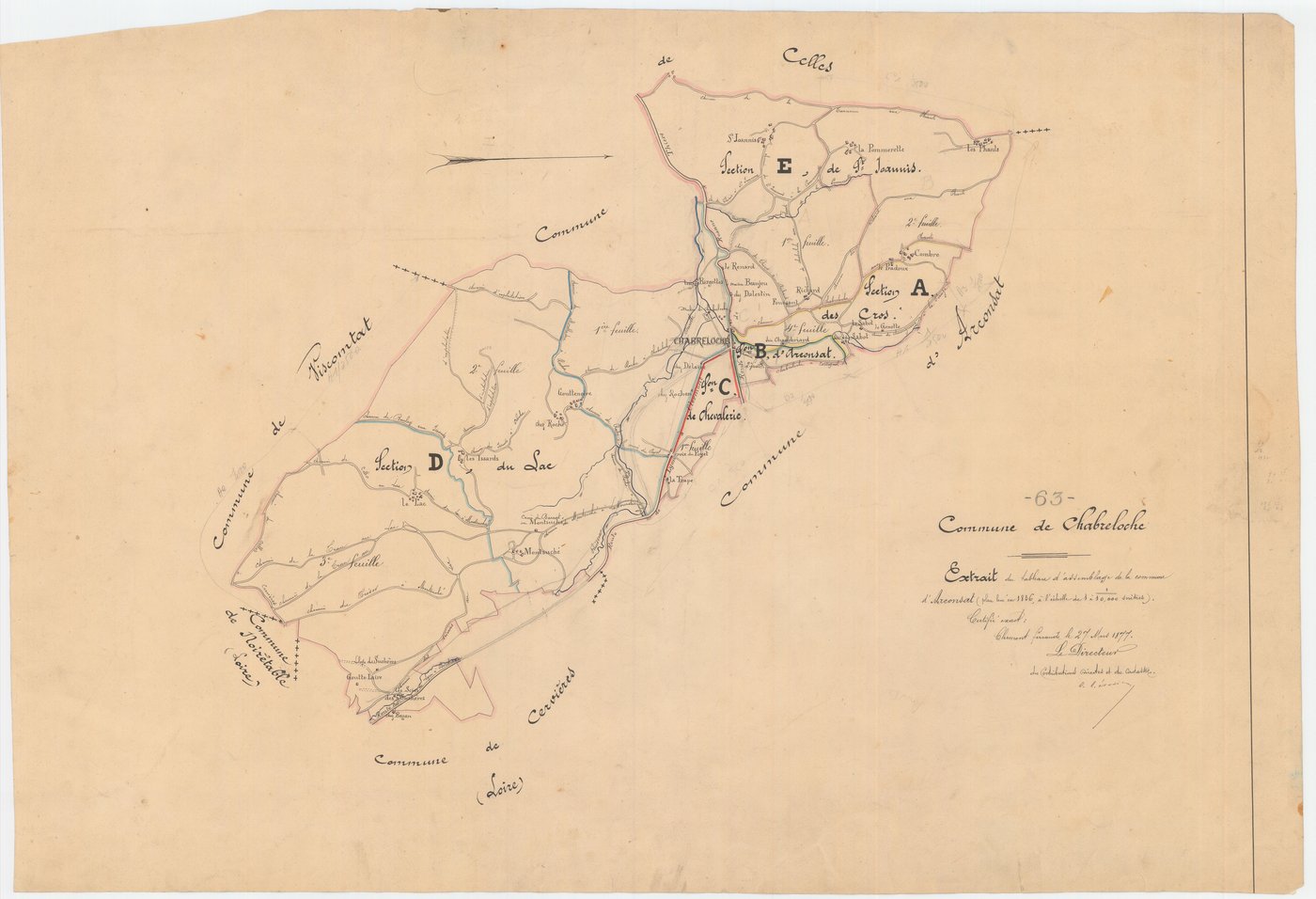 Chabreloche - 55 FI 196      - Extrait du tableau d'assemblage du plan cadastral parcellaire de la commune d'Arconsat