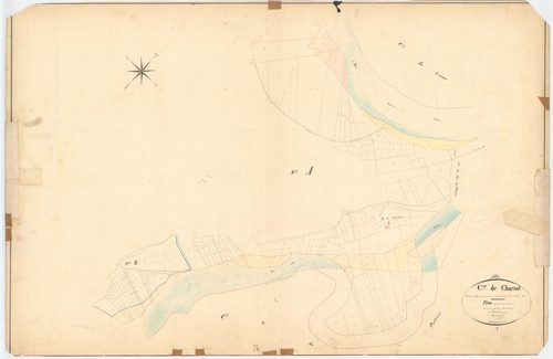 Charnat - 55 FI 247      Révision du plan cadastral de Charnat opérée à la suite de l'inondation d'octobre 1846 (2e feuille), plan indiquant les corrosions et alluvions sur les sections A et B