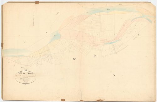 Charnat - 55 FI 246      Révision du plan cadastral de Charnat opérée à la suite de l'inondation d'octobre 1846 (1ère feuille), plan indiquant les corrosions et alluvions sur la section A