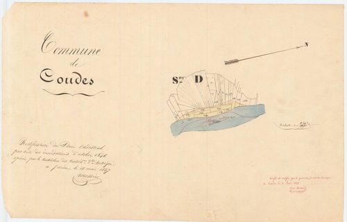 Coudes - 54 Fi 344      1847 Rectification du plan cadastral par suite des inondations d'octobre 1846. Levée par Mossier, contrôleur des Contributions directes. Terminée le 18 mai