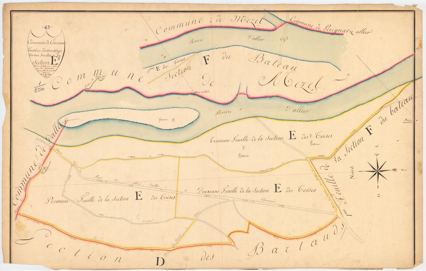 Cournon-d'Auvergne - 51 FI 386      Tableau d'assemblage des trois feuilles de la section E des Toises