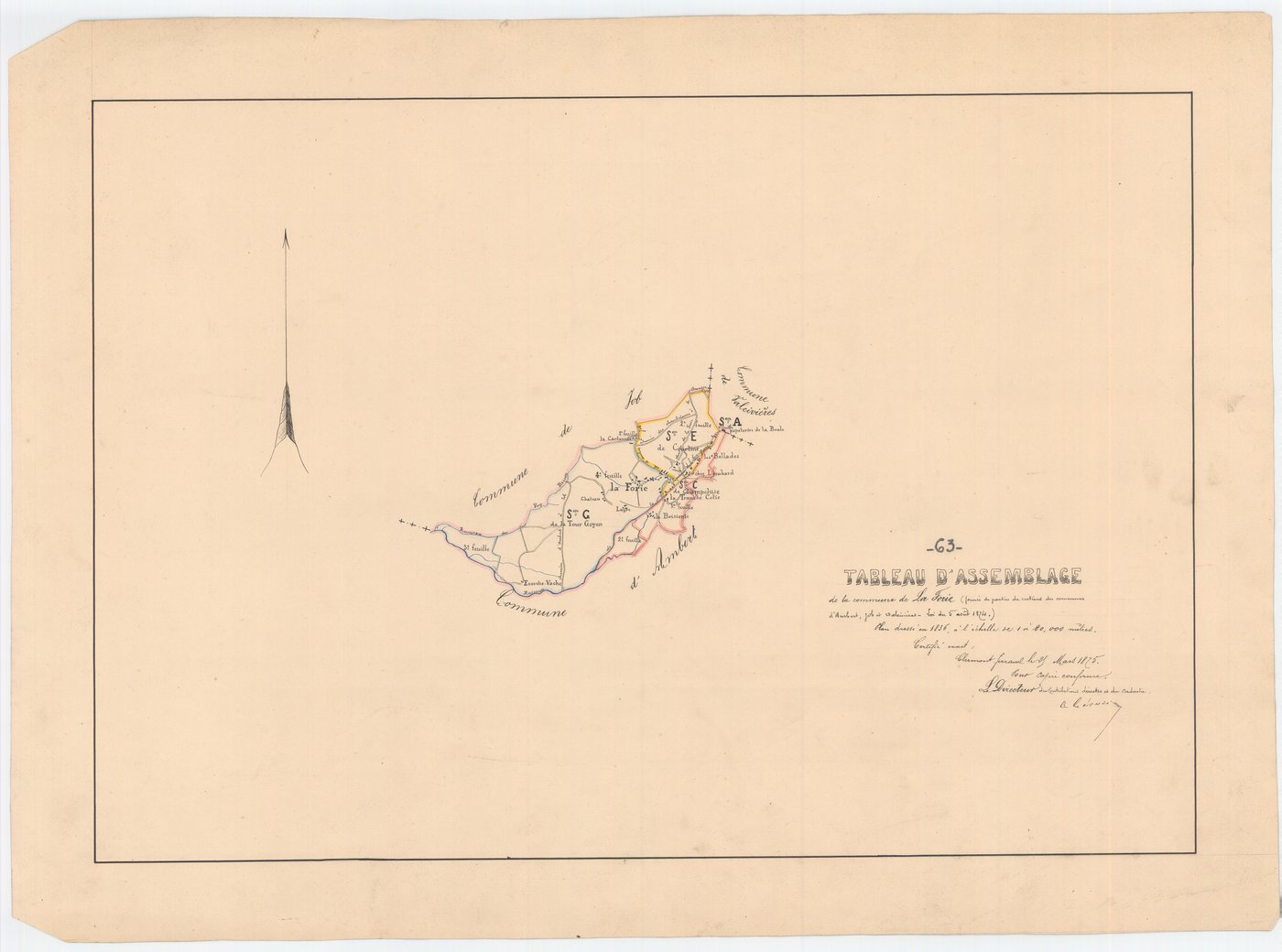 La Forie - 55 FI 443      - Tableau d'assemblage du plan cadastral parcellaire de la commune de La Forie, formé de parties de sections distraites des communes d'Ambert, Job et Valcivières