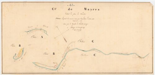 Mayres - 55 FI 640      Extrait du plan du cadastre de la commune de Mayres, plan indiquant les corrosions causées par l'inondation d'octobre 1846 sur les sections A, B et C