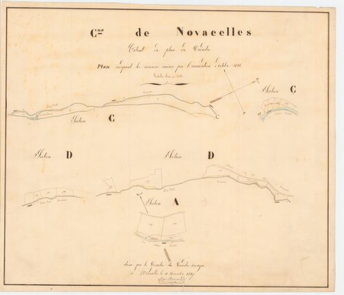 Novacelles - 55 FI 685      Extrait du plan du cadastre de la commune de Novacelles, plan indiquant les corrosions causées par l'inondation d'octobre 1846, sections A, C et D