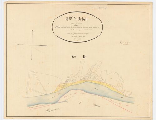Orbeil - 54 Fi 639      1848 Plan additionnel à celui levé par le contrôleur des contributions directes indiquant les corrosions et alluvions causées par l'inondation d'octobre 1846. Dressé par Arnaud, géomètre du cadastre le 30 mai