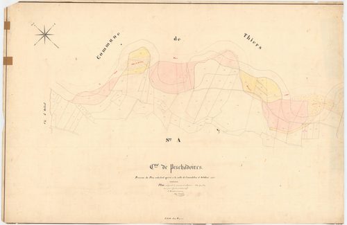 Peschadoires - 55 FI 756      Révision du plan cadastral opérée à la suite de l'inondation d'octobre 1846 (1ère feuille), plan indiquant les corrosions et alluvions sur la section A
