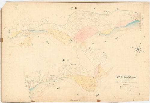 Peschadoires - 55 FI 757      Révision du plan cadastral opérée à la suite de l'inondation d'octobre 1846 (2e feuille), plan indiquant les corrosions et alluvions sur les sections A et B