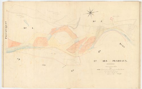 Pradeaux - 54 Fi 692      1848 Plan indiquant les corrosions et alluvions causées par l'inondation d'octobre 1846. Ech. 1/2500. Levé par Arnaud. Terminé le 5 mai